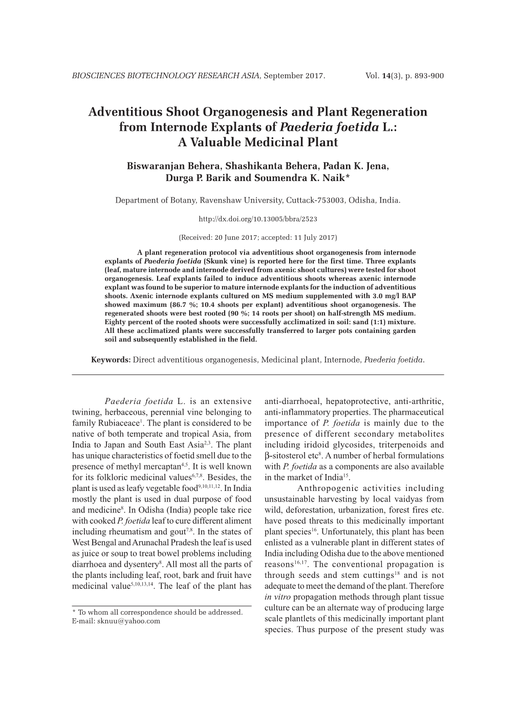 Adventitious Shoot Organogenesis and Plant Regeneration from Internode Explants of Paederia Foetida L.: a Valuable Medicinal Plant