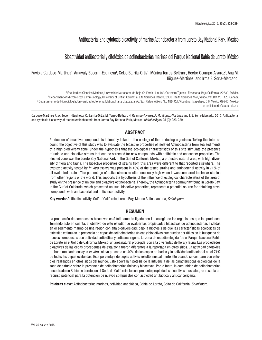 Antibacterial and Cytotoxic Bioactivity of Marine Actinobacteria from Loreto Bay National Park, Mexico