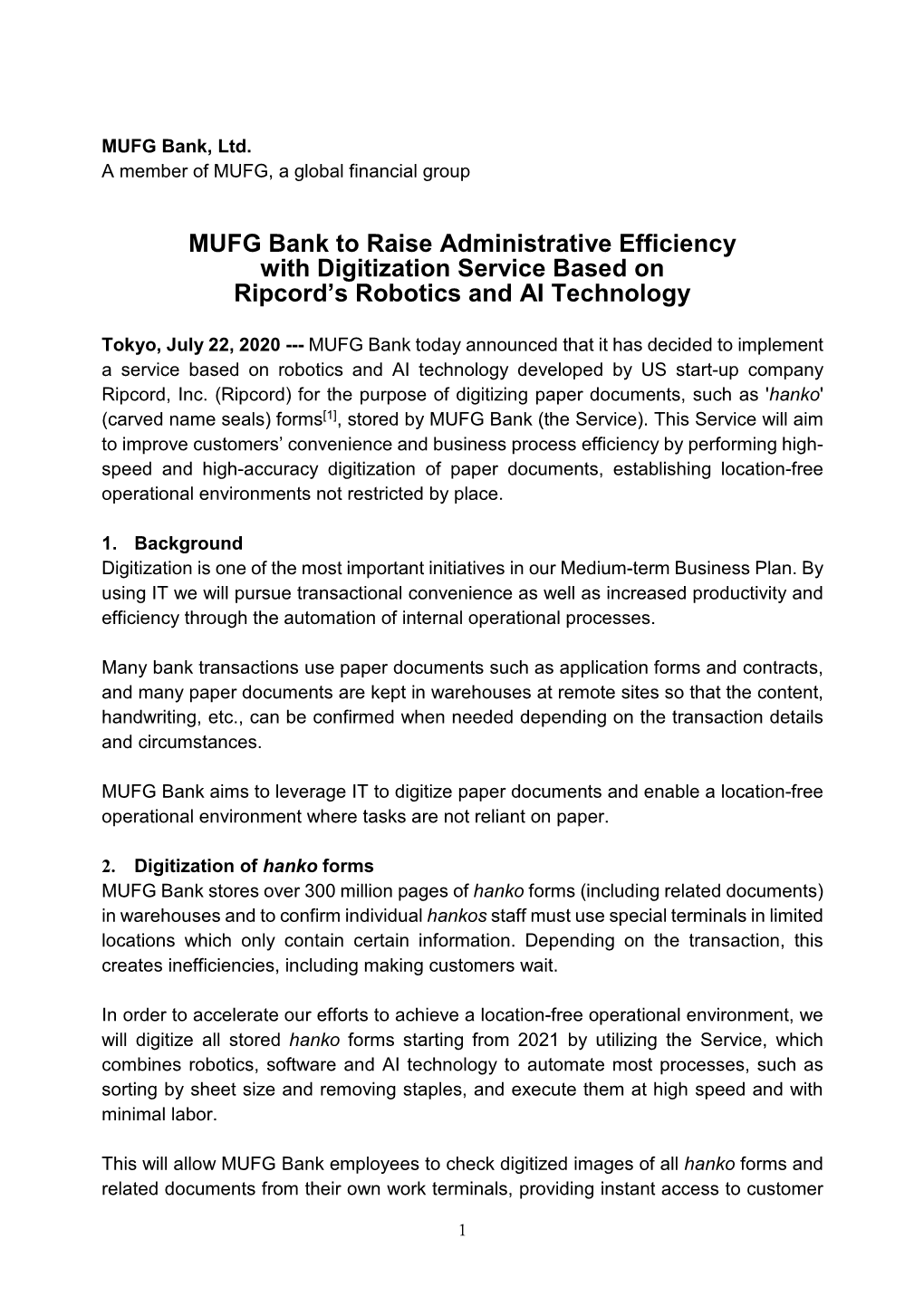 MUFG Bank to Raise Administrative Efficiency with Digitization Service Based on Ripcord’S Robotics and AI Technology