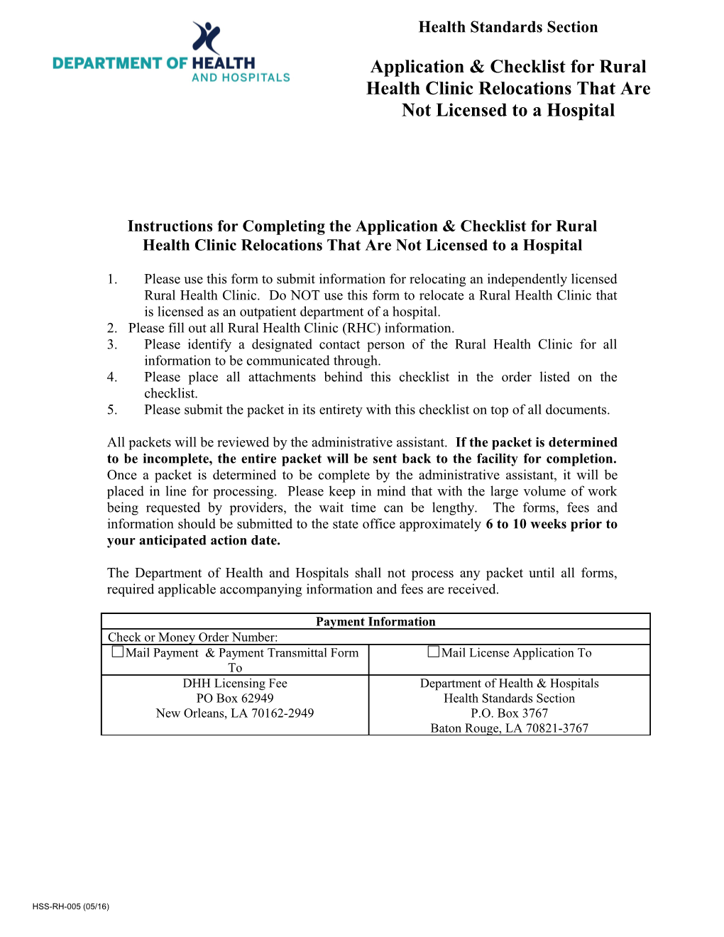 Instructions for Completing the Application & Checklist for Rural Health Clinic Relocations