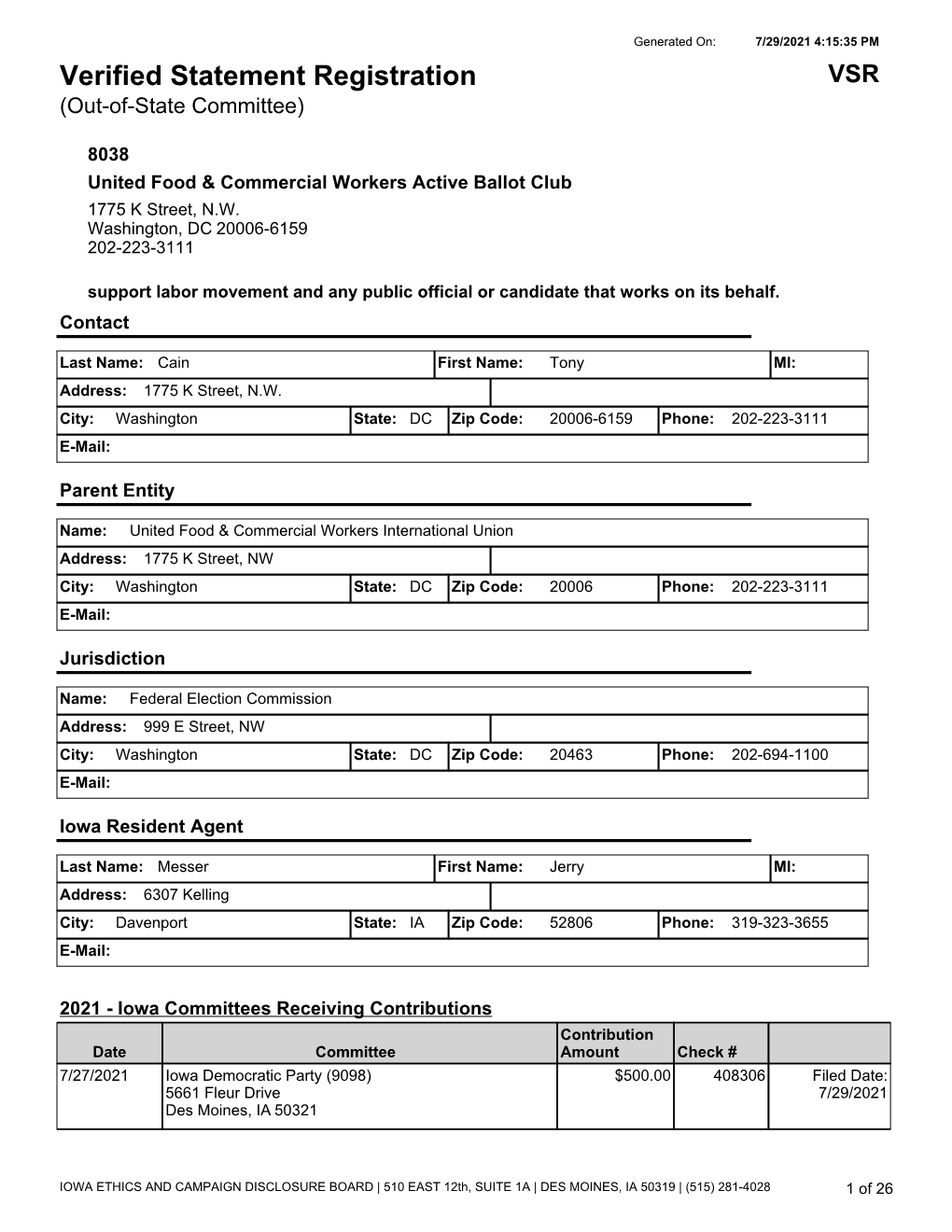 Verified Statement Registration VSR (Out-Of-State Committee)