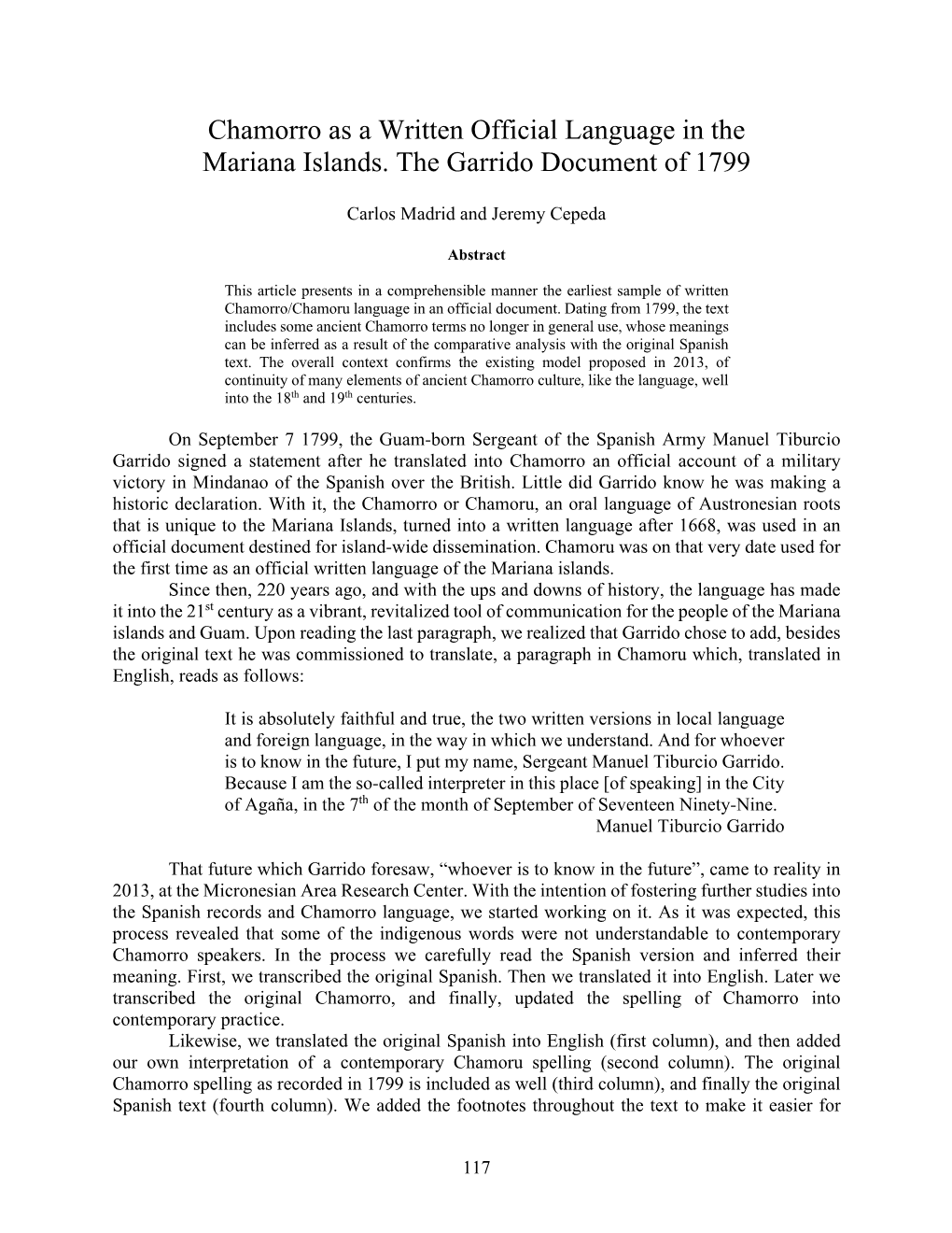 Chamorro As a Written Official Language in the Mariana Islands. the Garrido Document of 1799