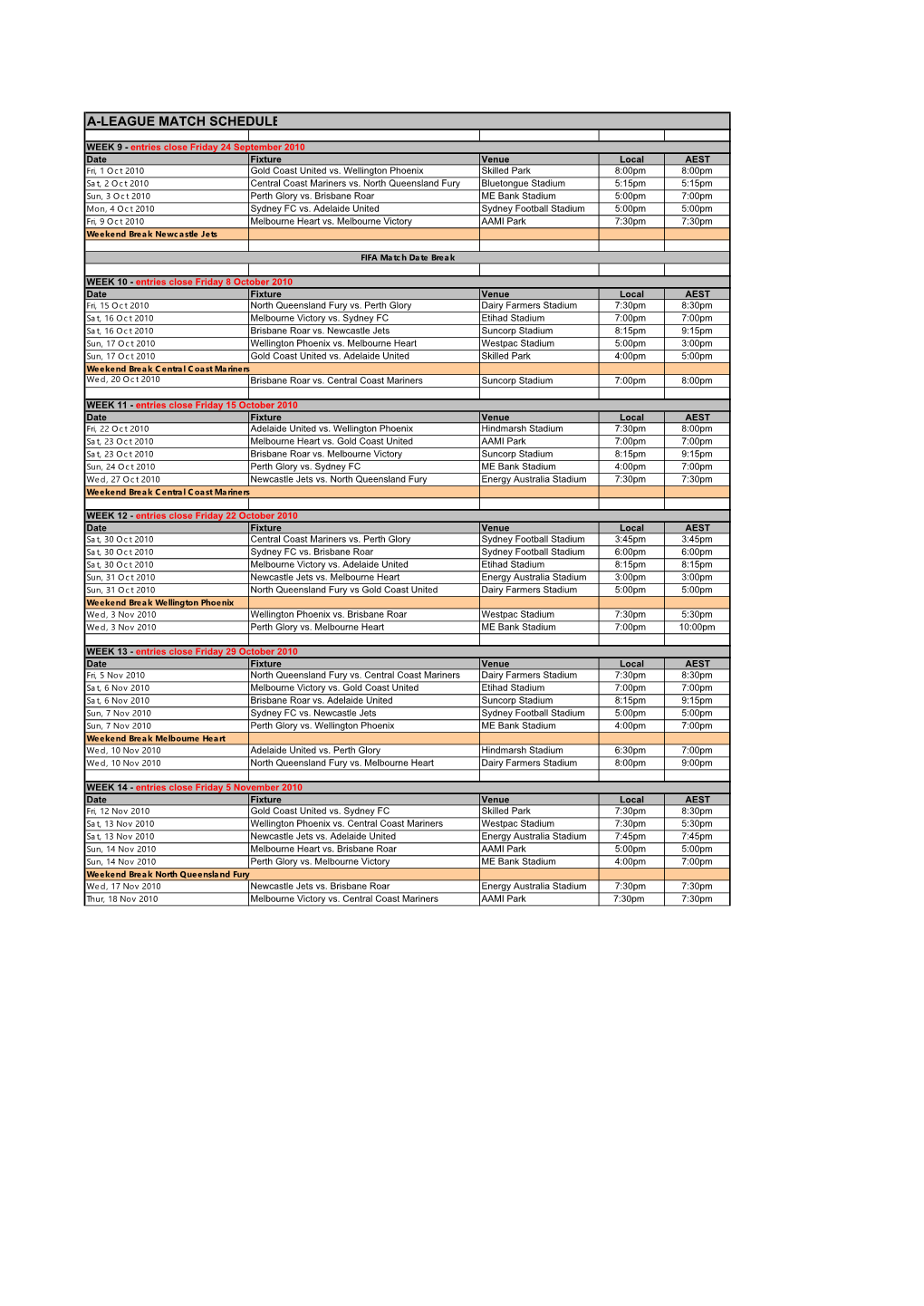 A-League Match Schedule