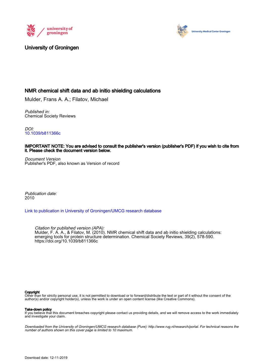 University of Groningen NMR Chemical Shift Data and Ab Initio