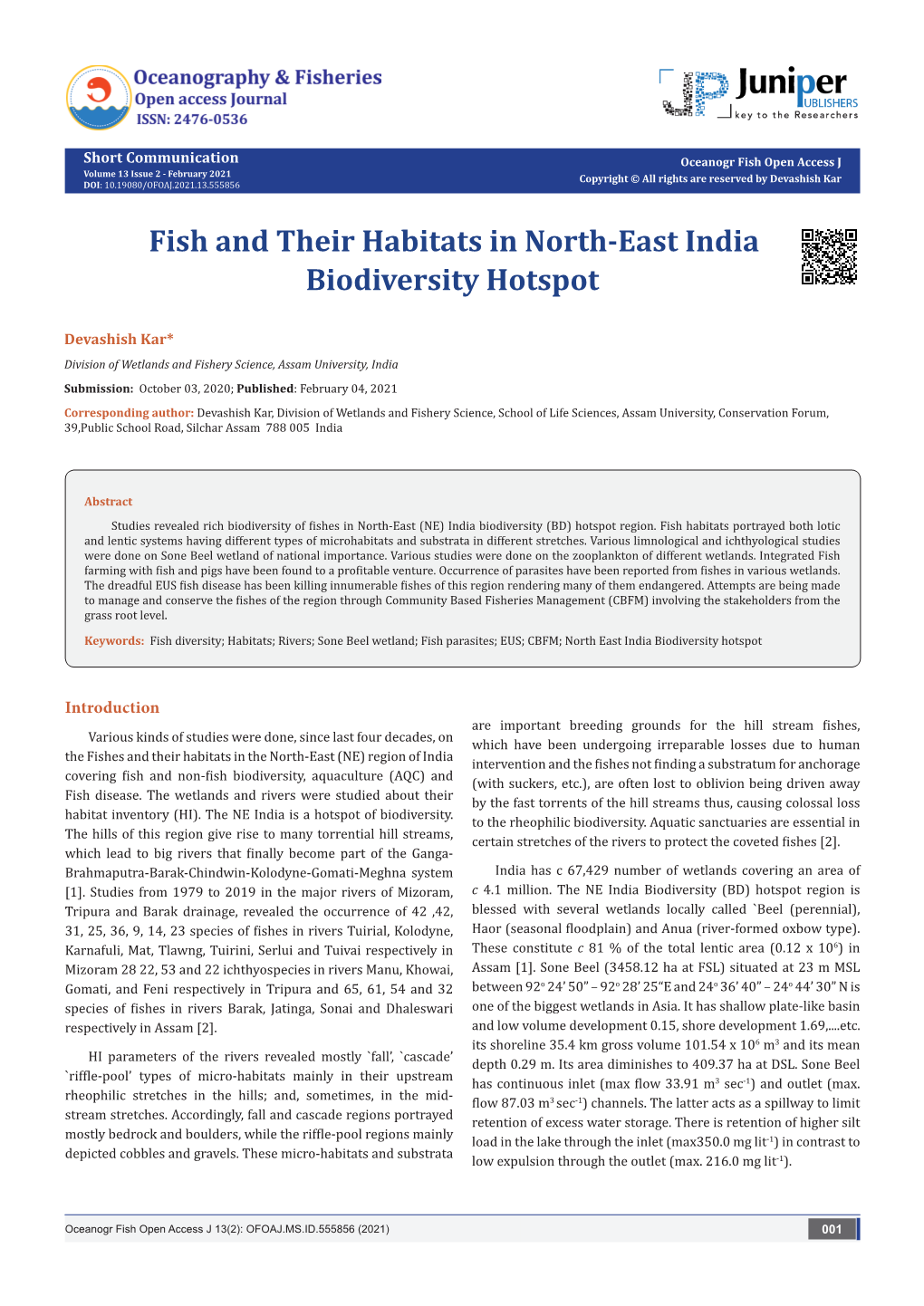 Fish and Their Habitats in North-East India Biodiversity Hotspot