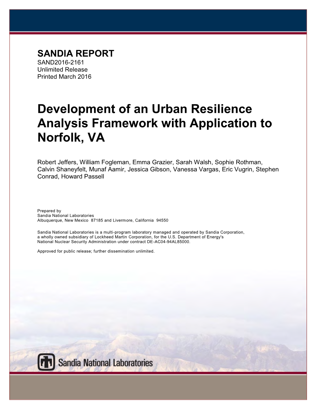 Development of an Urban Resilience Analysis Framework with Application to Norfolk, VA