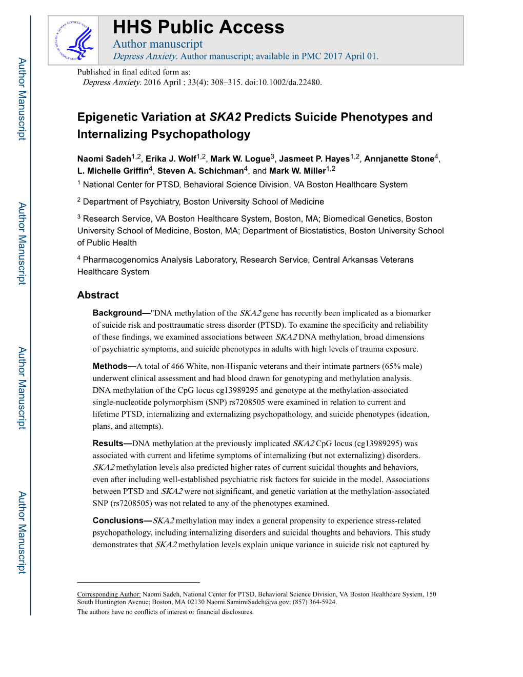 Epigenetic Variation at SKA2 Predicts Suicide Phenotypes and Internalizing Psychopathology