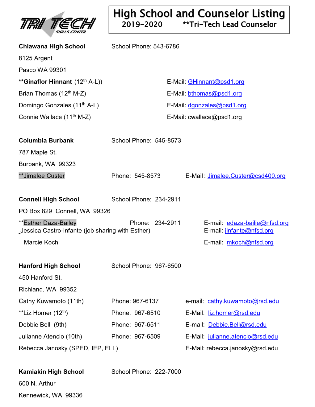 High School and Counselor Listing 2019-2020 **Tri-Tech Lead Counselor