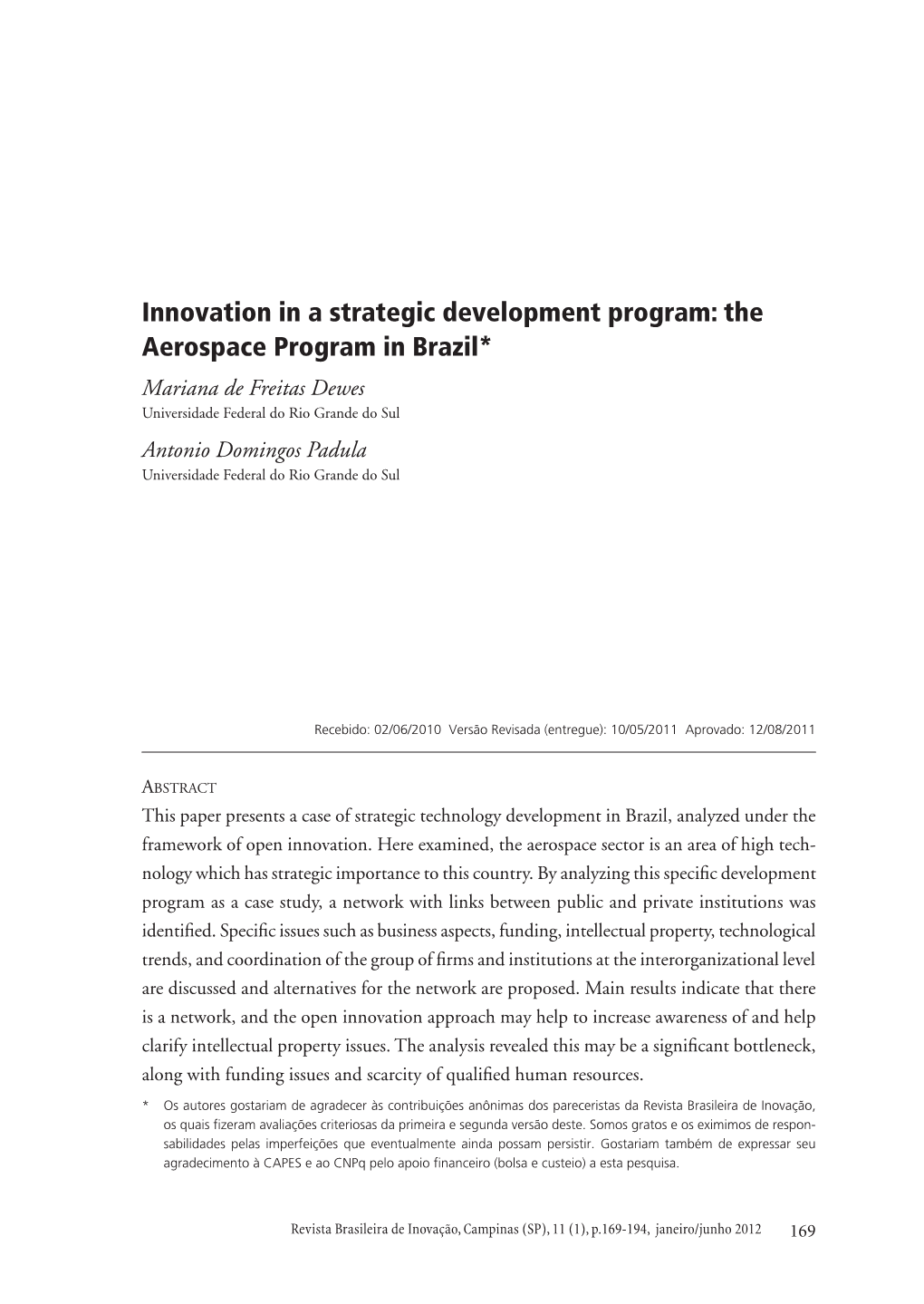 Innovation in a Strategic Development Program: the Aerospace Program In