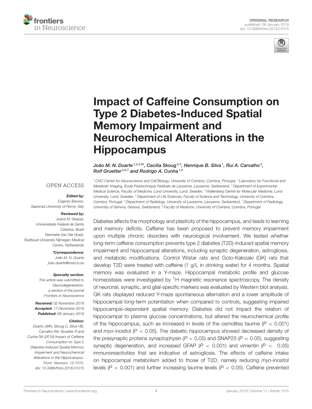 Impact of Caffeine Consumption on Type 2 Diabetes-Induced Spatial Memory Impairment and Neurochemical Alterations in the Hippocampus
