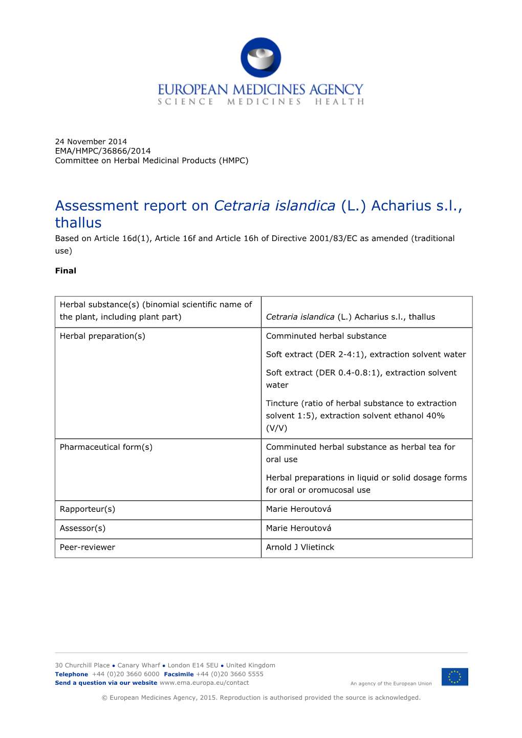 Assessment Report on Cetraria Islandica