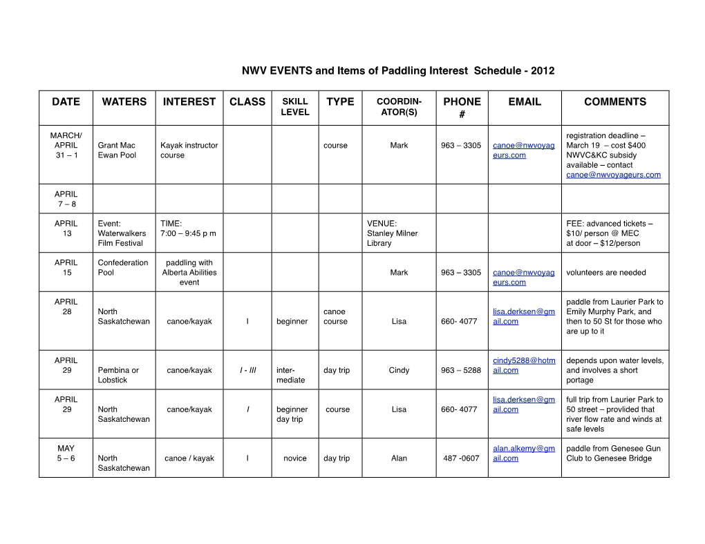 Nwv Events Schedule 2012