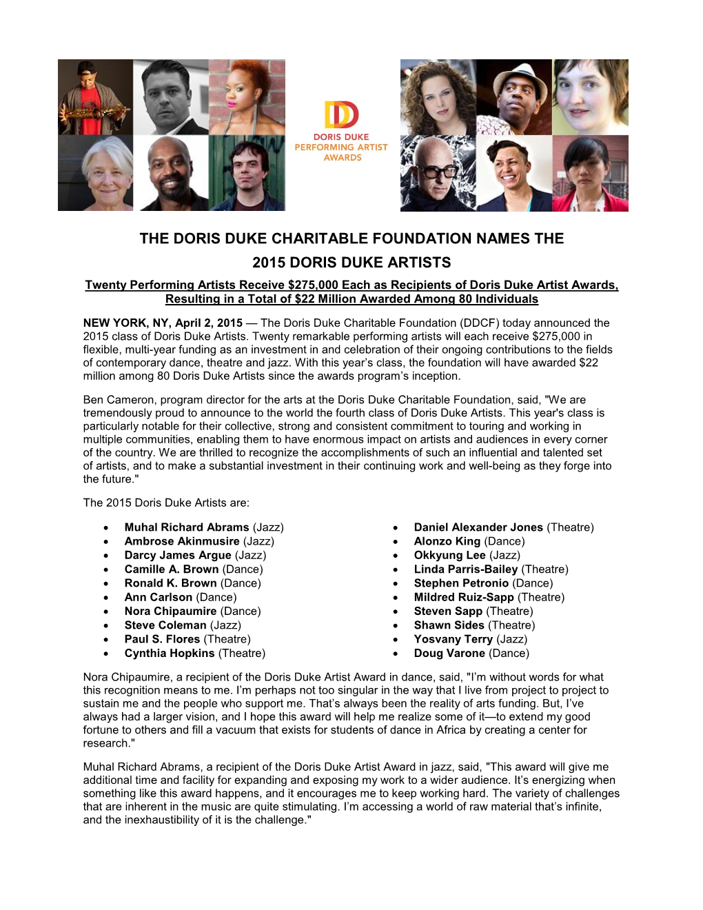 The Doris Duke Charitable Foundation Names the 2015