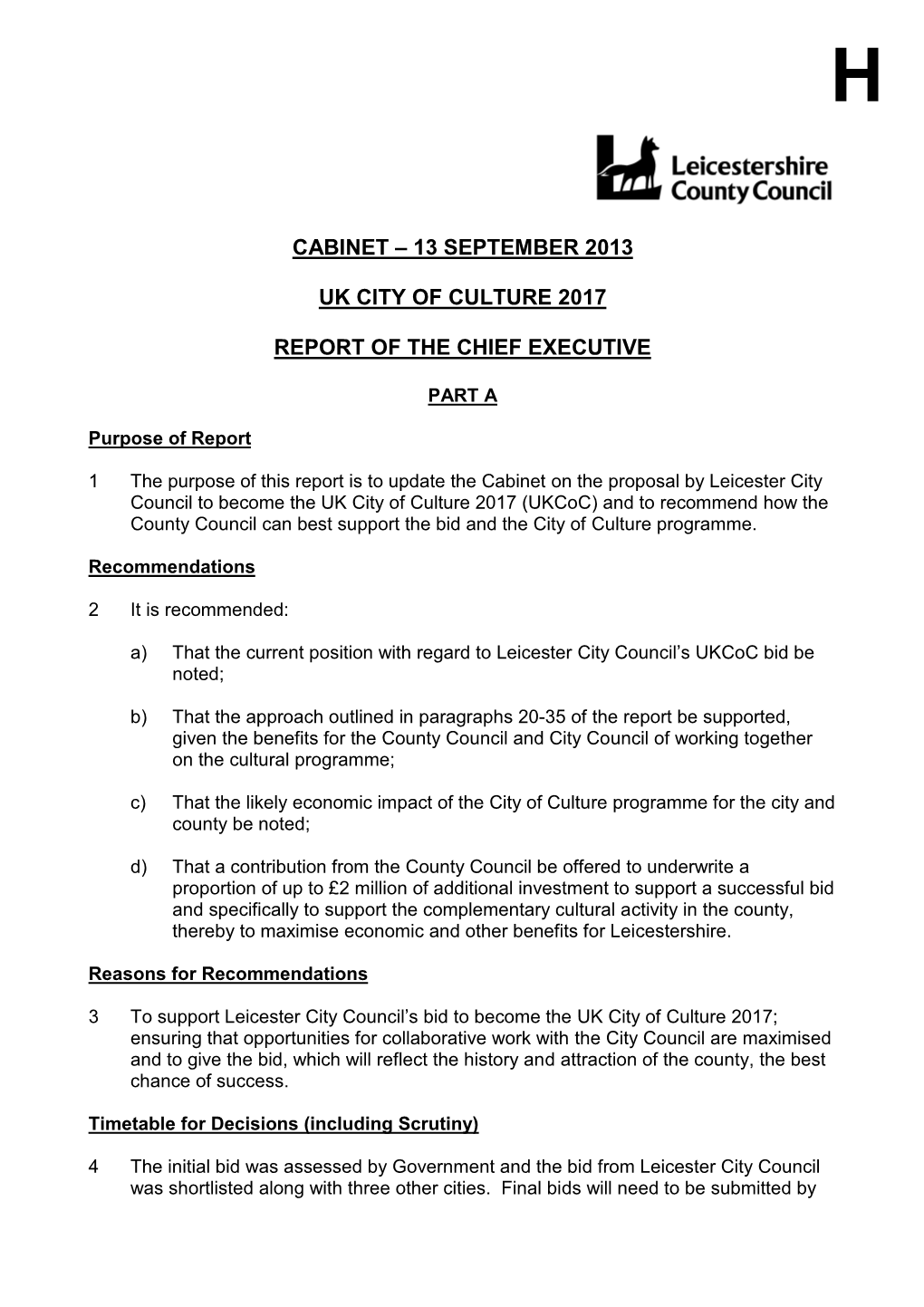 Cabinet – 13 September 2013 Uk City of Culture 2017 Report of the Chief Executive