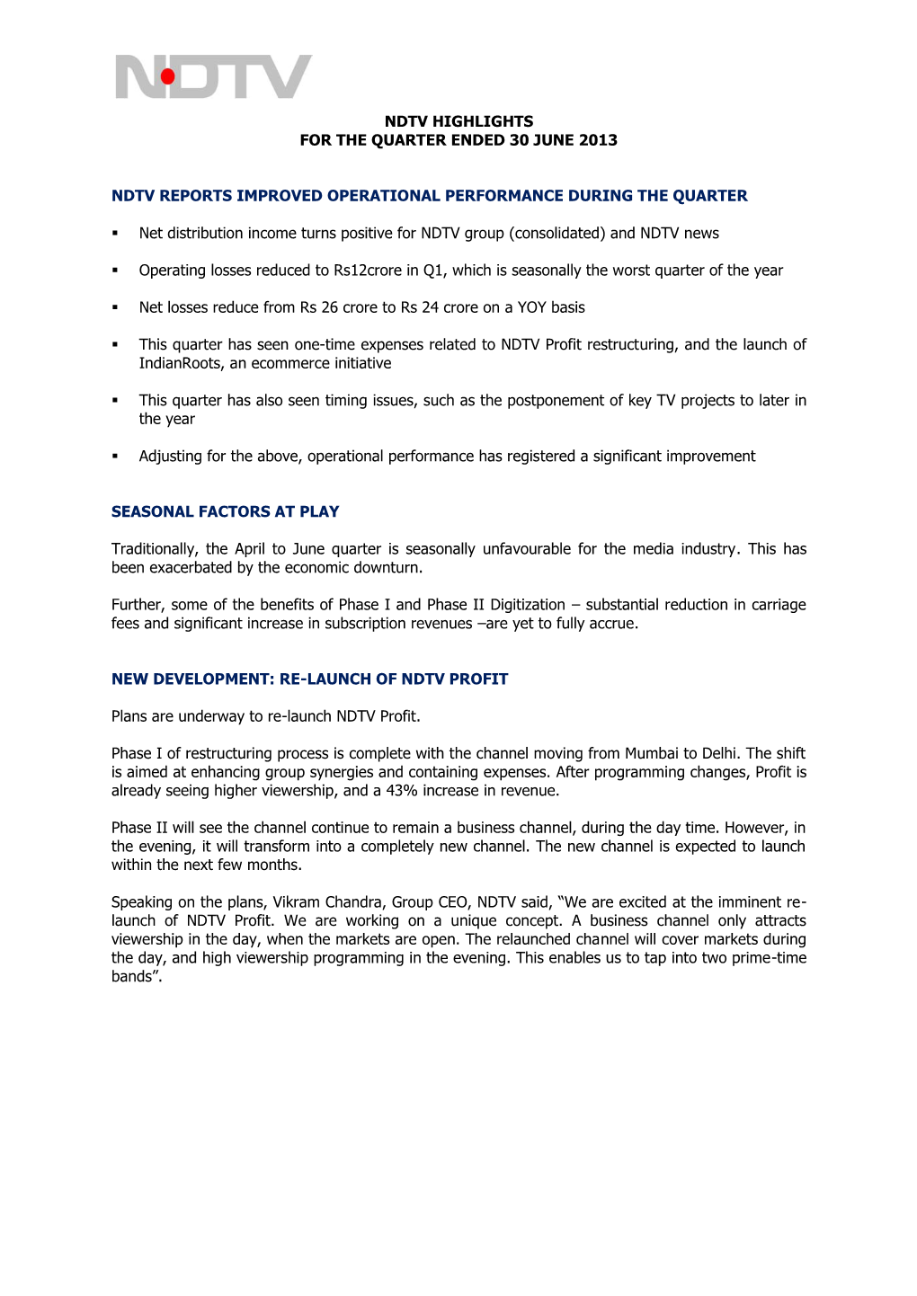 NDTV Financial Press Release (Q1 FY 13-14)