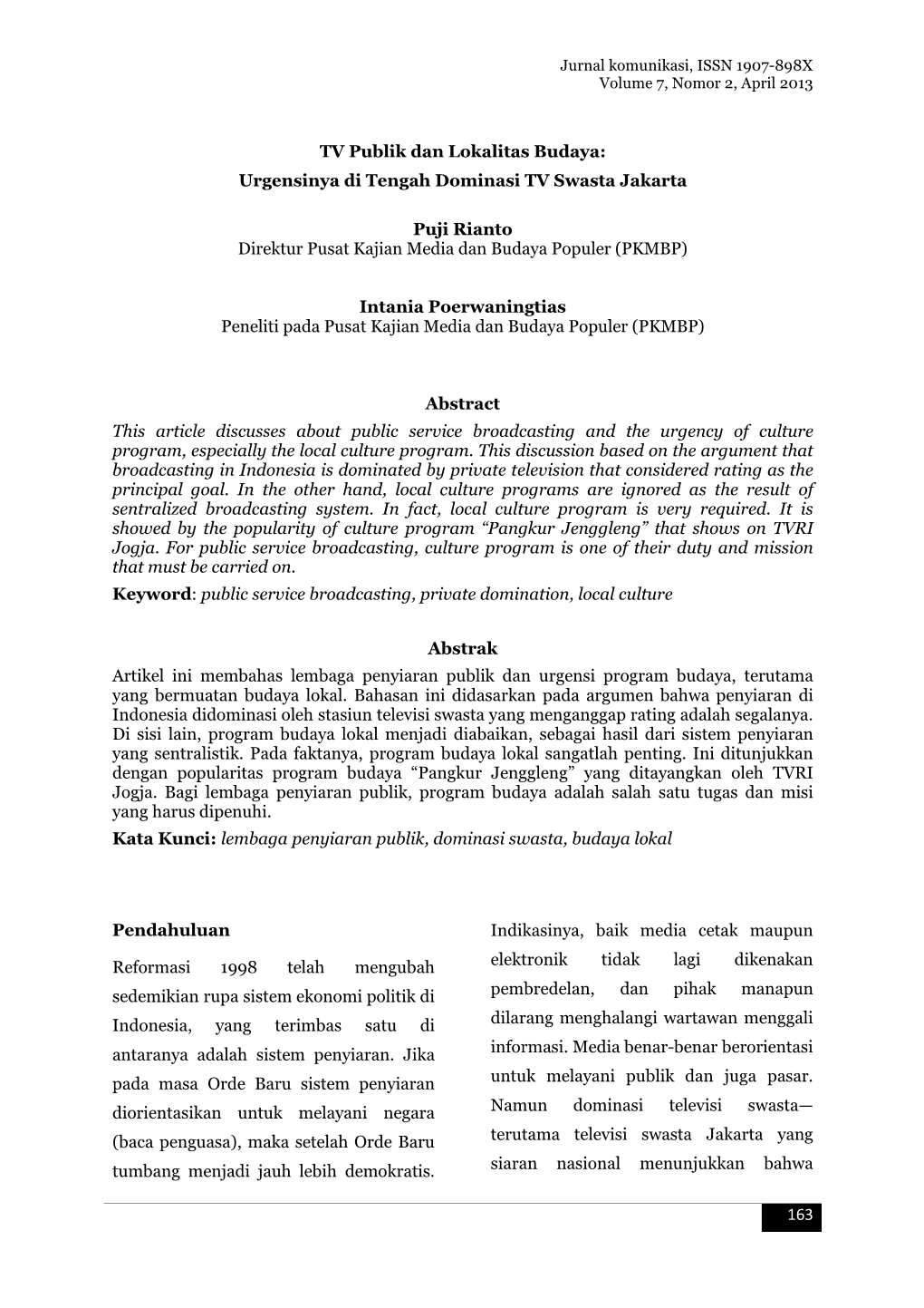 163 TV Publik Dan Lokalitas Budaya: Urgensinya Di Tengah Dominasi TV Swasta Jakarta Puji Rianto Direktur Pusat Kajian Media