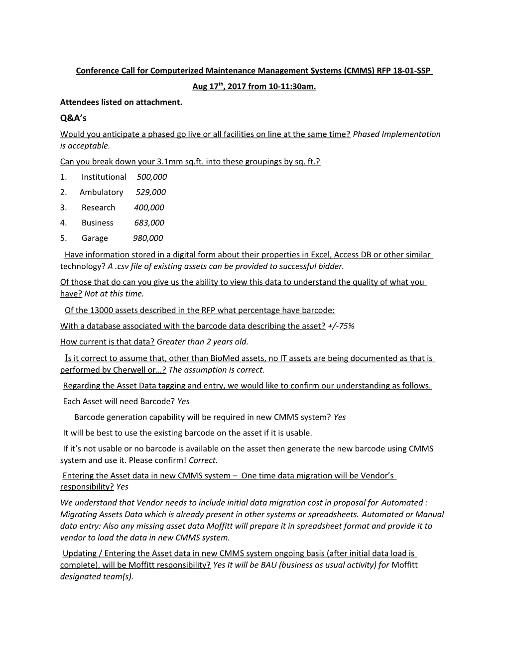 Conference Call for Computerized Maintenance Management Systems (CMMS) RFP 18-01-SSP