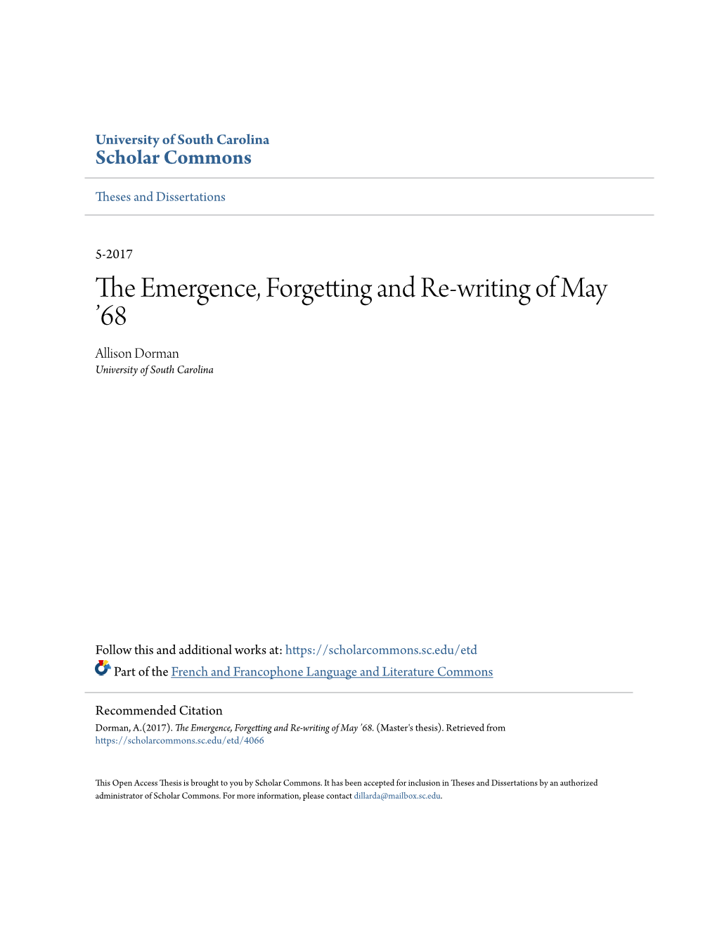 The Emergence, Forgetting and Re-Writing of May ’68