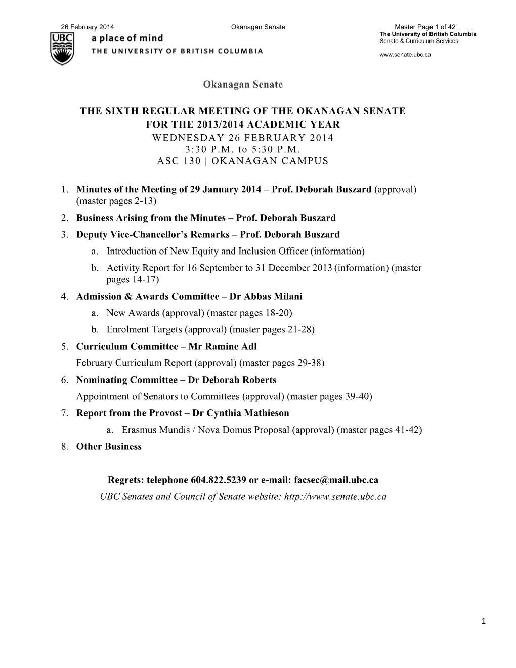 Okanagan Senate Master Page 1 of 42 the University of British Columbia Senate & Curriculum Services
