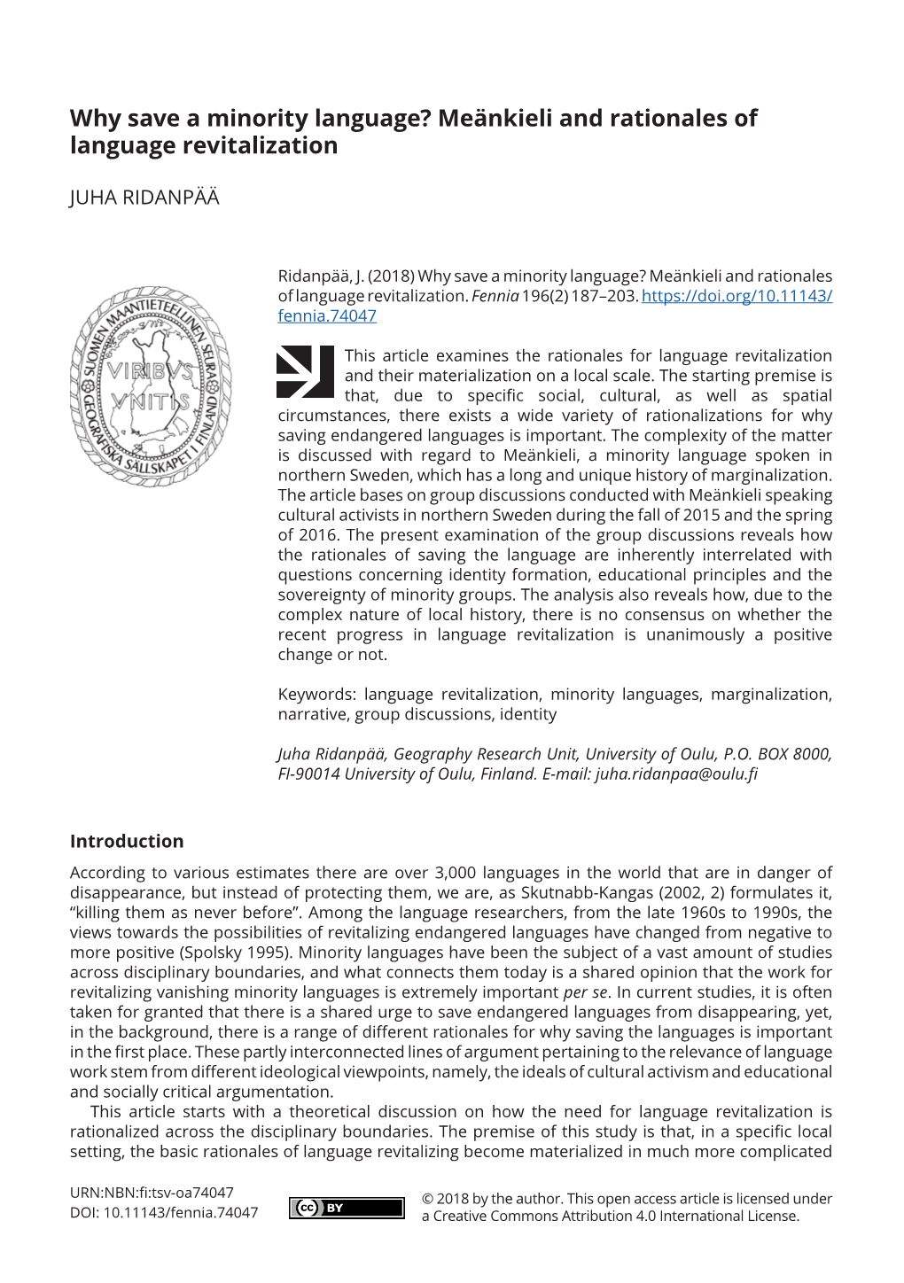 Why Save a Minority Language? Meänkieli and Rationales of Language Revitalization