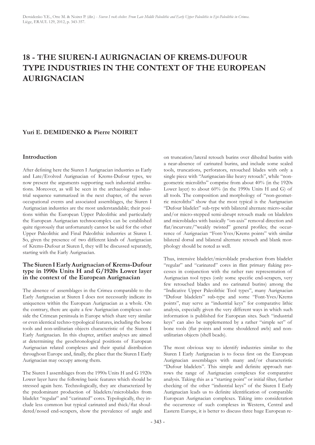 The Siuren-I Aurignacian of Krems-Dufour Type Industries in the Context of the European Aurignacian