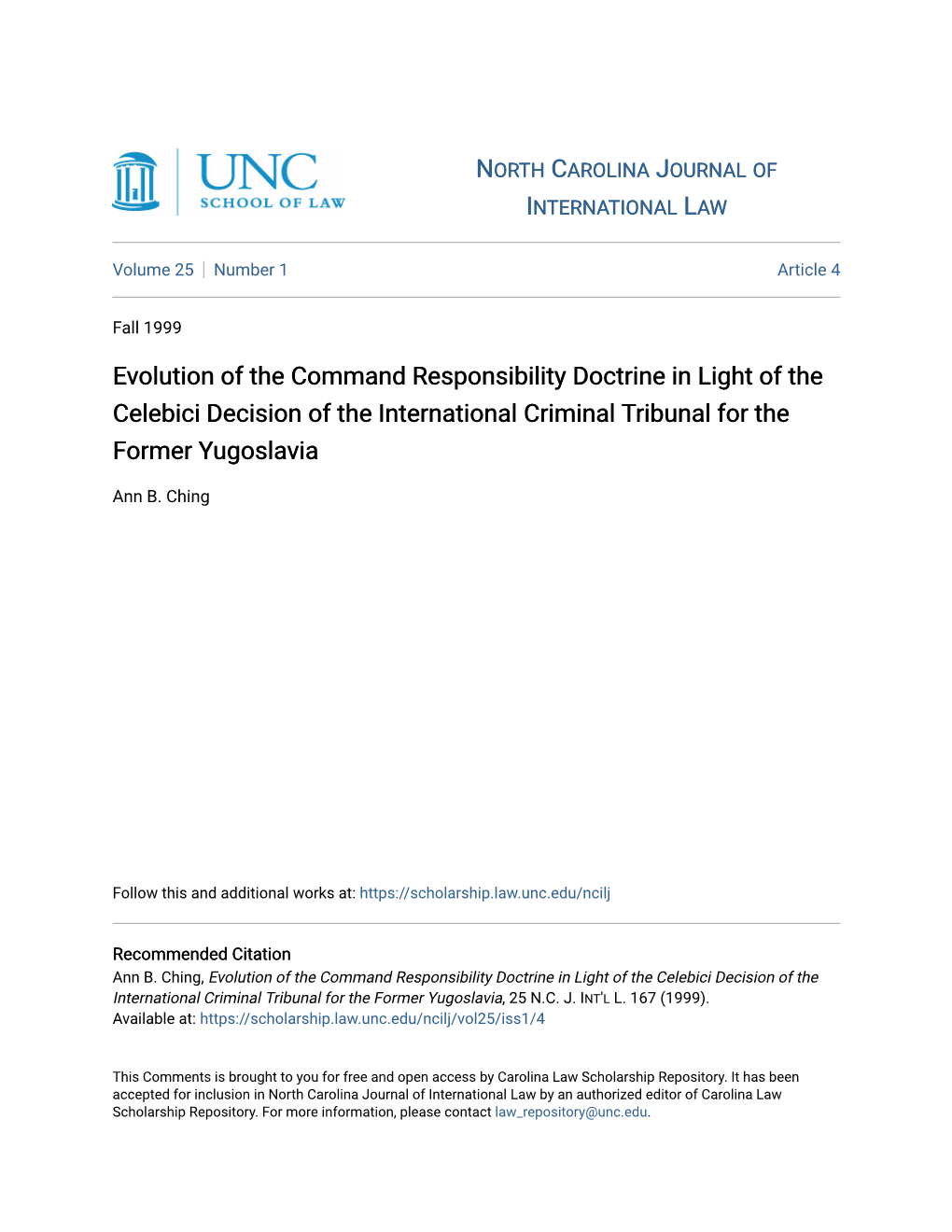 Evolution of the Command Responsibility Doctrine in Light of the Celebici Decision of the International Criminal Tribunal for the Former Yugoslavia