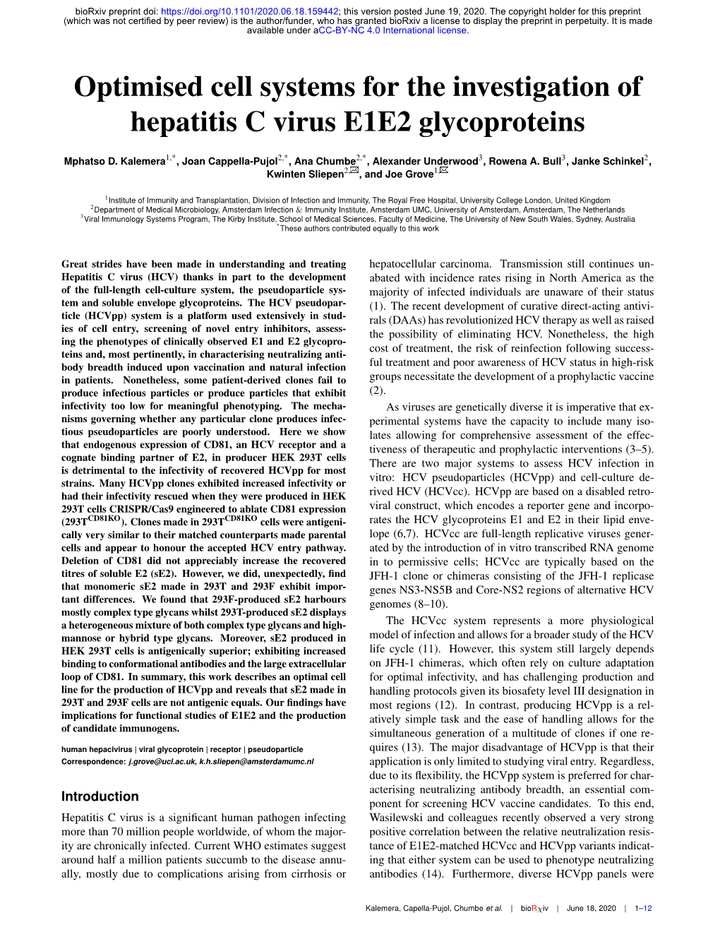 Optimised Cell Systems for the Investigation of Hepatitis C Virus E1E2 Glycoproteins