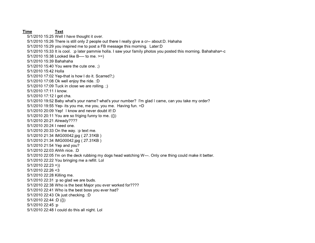 Time Text 5/1/2010 15:25 Well I Have Thought It Over. 5/1/2010 15:26 There Is Still Only 2 People out There I Really Give a Cr­­ About:D