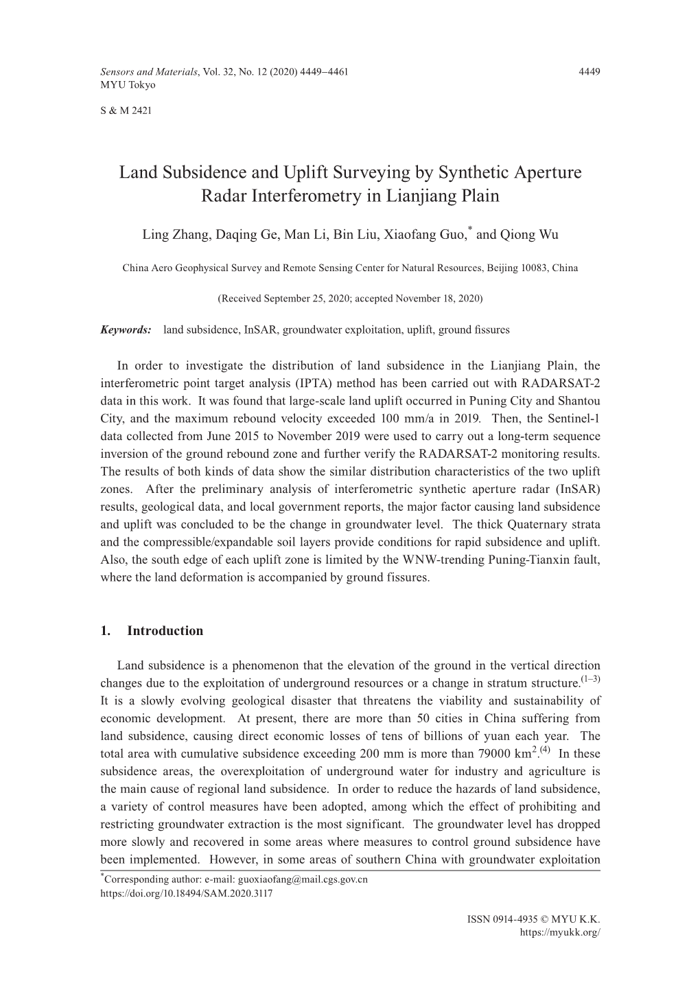 Land Subsidence and Uplift Surveying by Synthetic Aperture Radar Interferometry in Lianjiang Plain