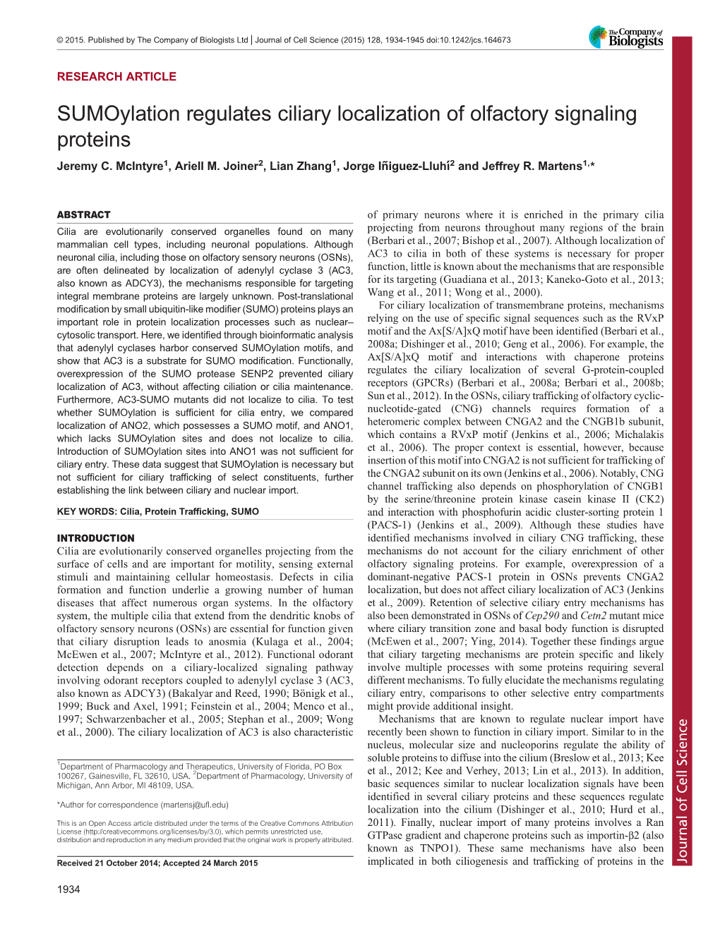 Sumoylation Regulates Ciliary Localization of Olfactory Signaling Proteins Jeremy C