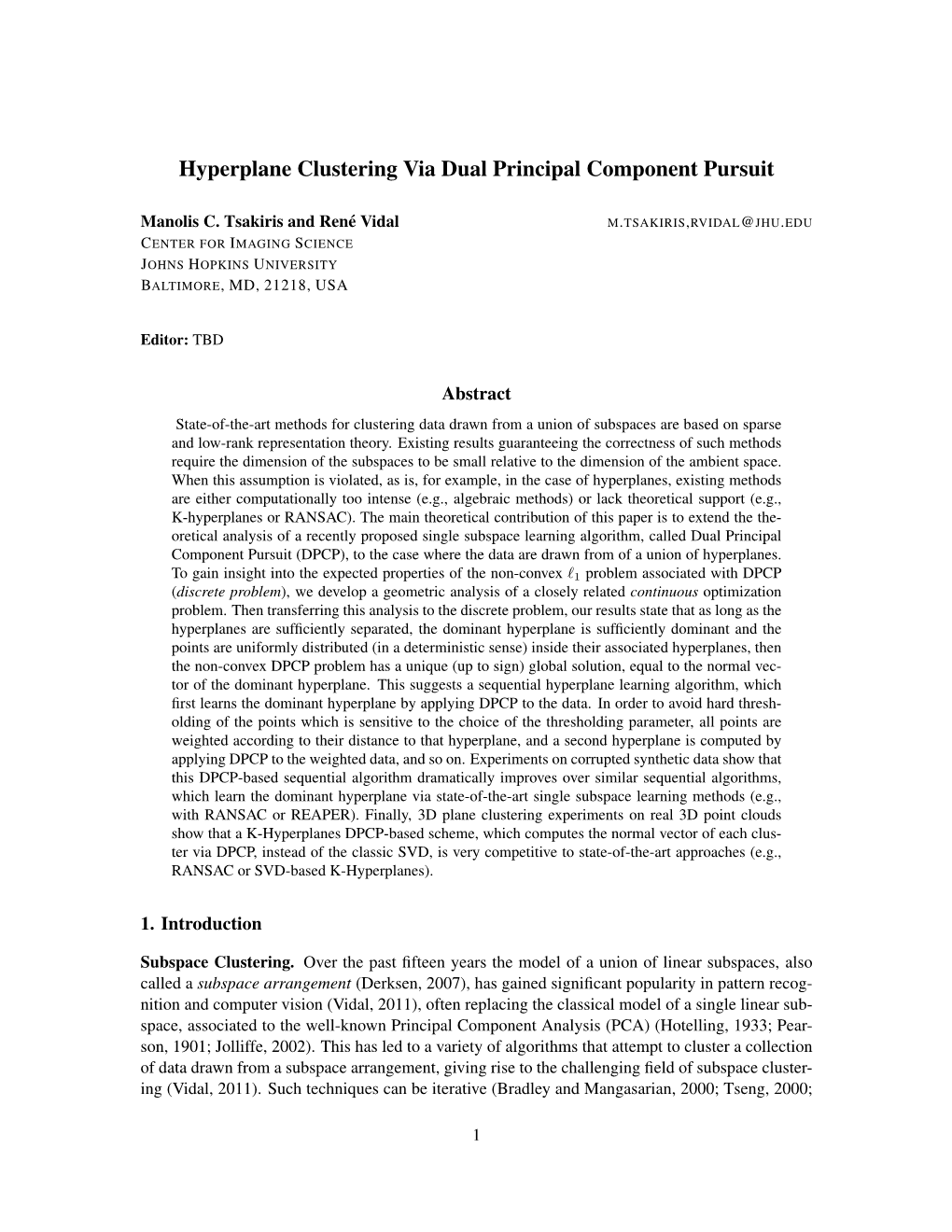 Hyperplane Clustering Via Dual Principal Component Pursuit