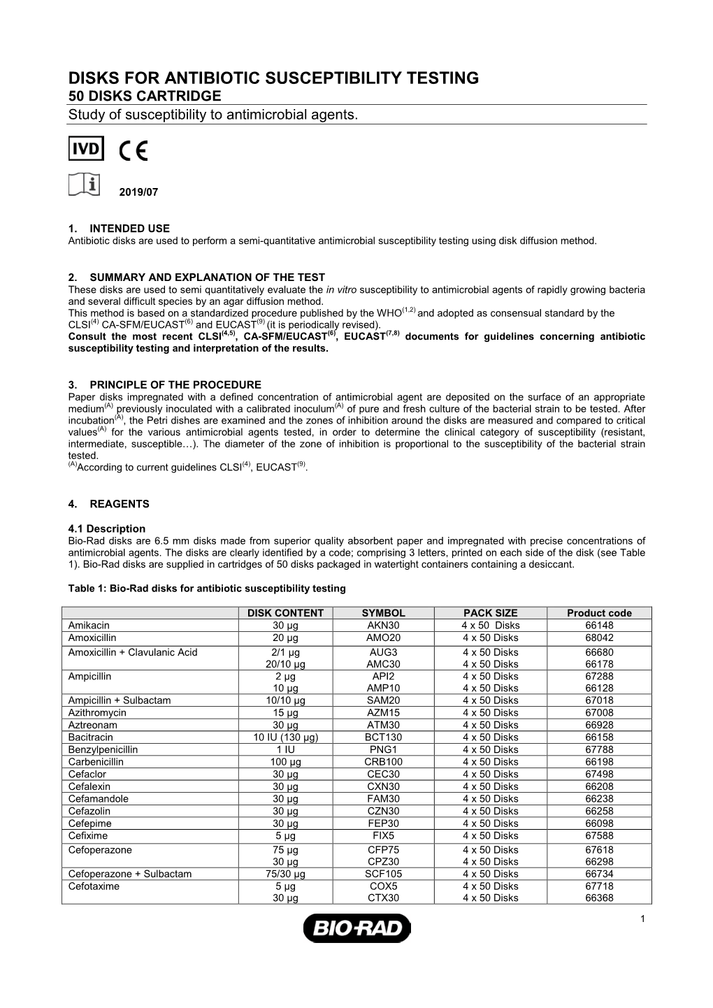 50 DISKS CARTRIDGE Study of Susceptibility to Antimicrobial Agents