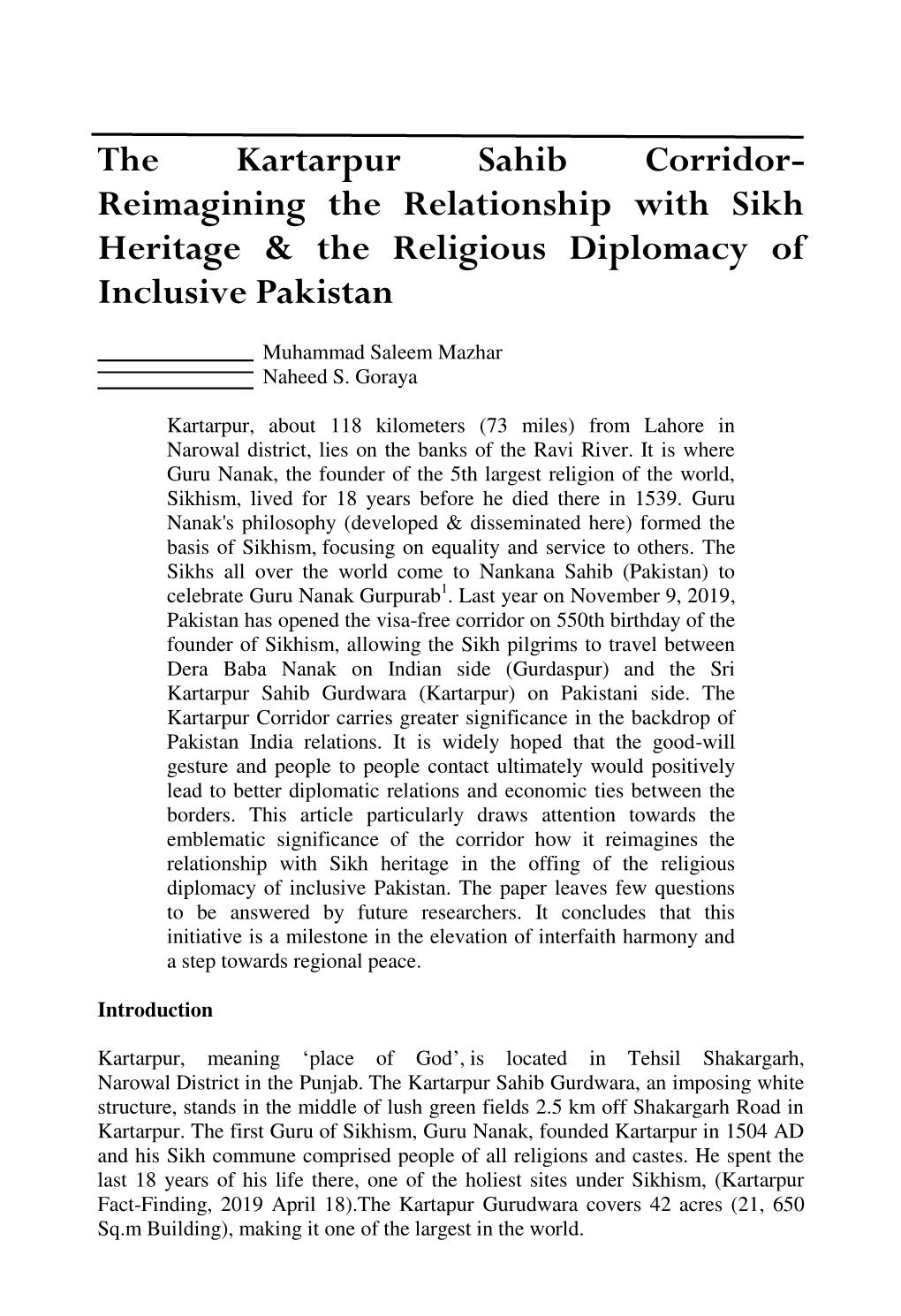 The Kartarpur Sahib Corridor- Reimagining the Relationship with Sikh Heritage & the Religious Diplomacy of Inclusive Pakistan