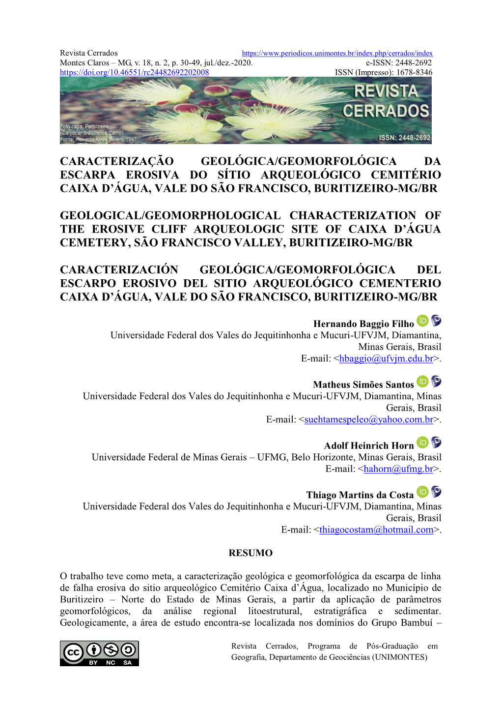 Caracterização Geológica/Geomorfológica Da Escarpa Erosiva Do Sítio Arqueológico Cemitério Caixa D’Água, Vale Do São Francisco, Buritizeiro-Mg/Br