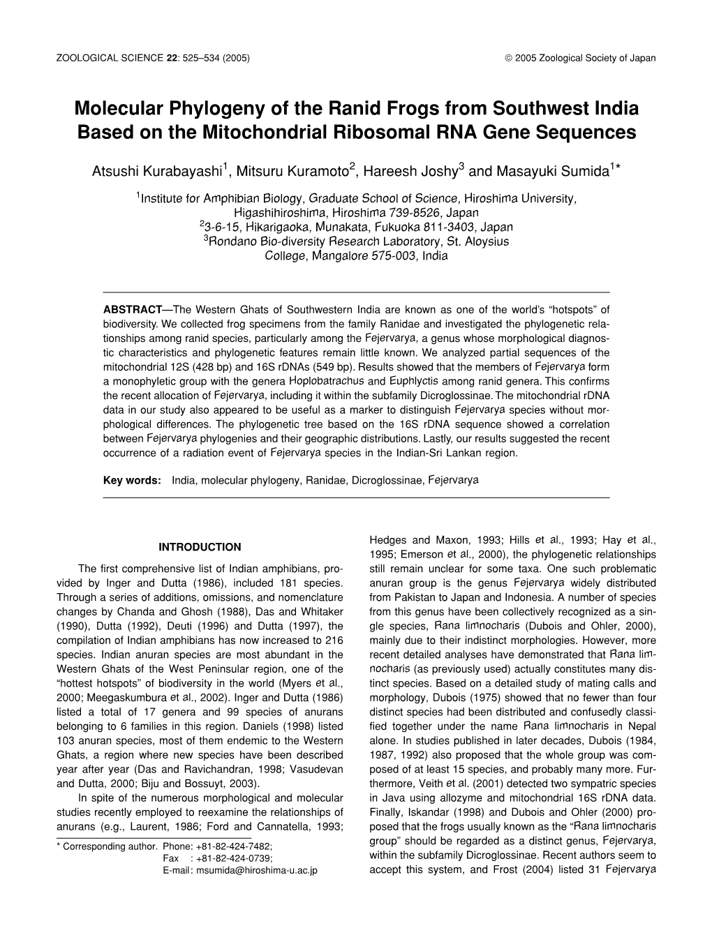 Molecular Phylogeny of the Ranid Frogs from Southwest India Based on the Mitochondrial Ribosomal RNA Gene Sequences