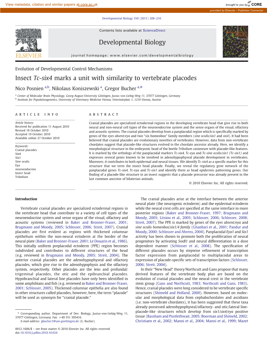 Insect Tc-Six4 Marks a Unit with Similarity to Vertebrate Placodes