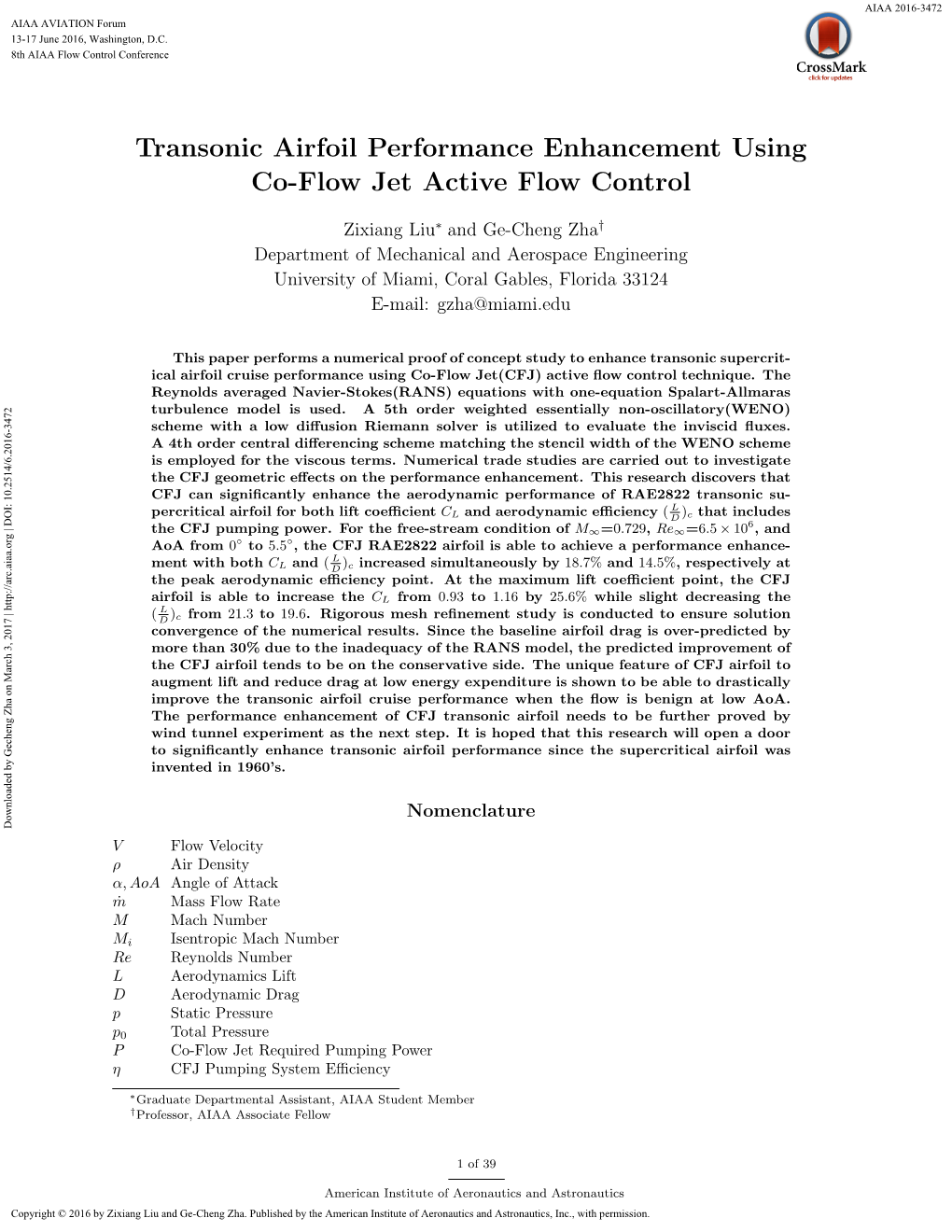 Transonic Airfoil Performance Enhancement Using Co-Flow Jet Active Flow Control