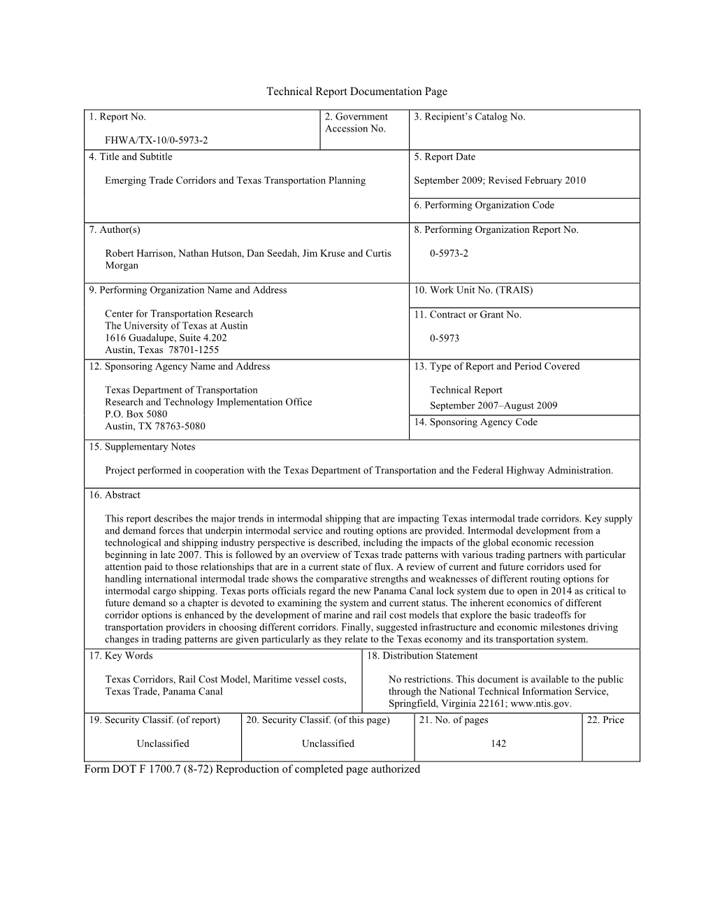 Technical Report Documentation Page Form DOT F 1700.7 (8-72)