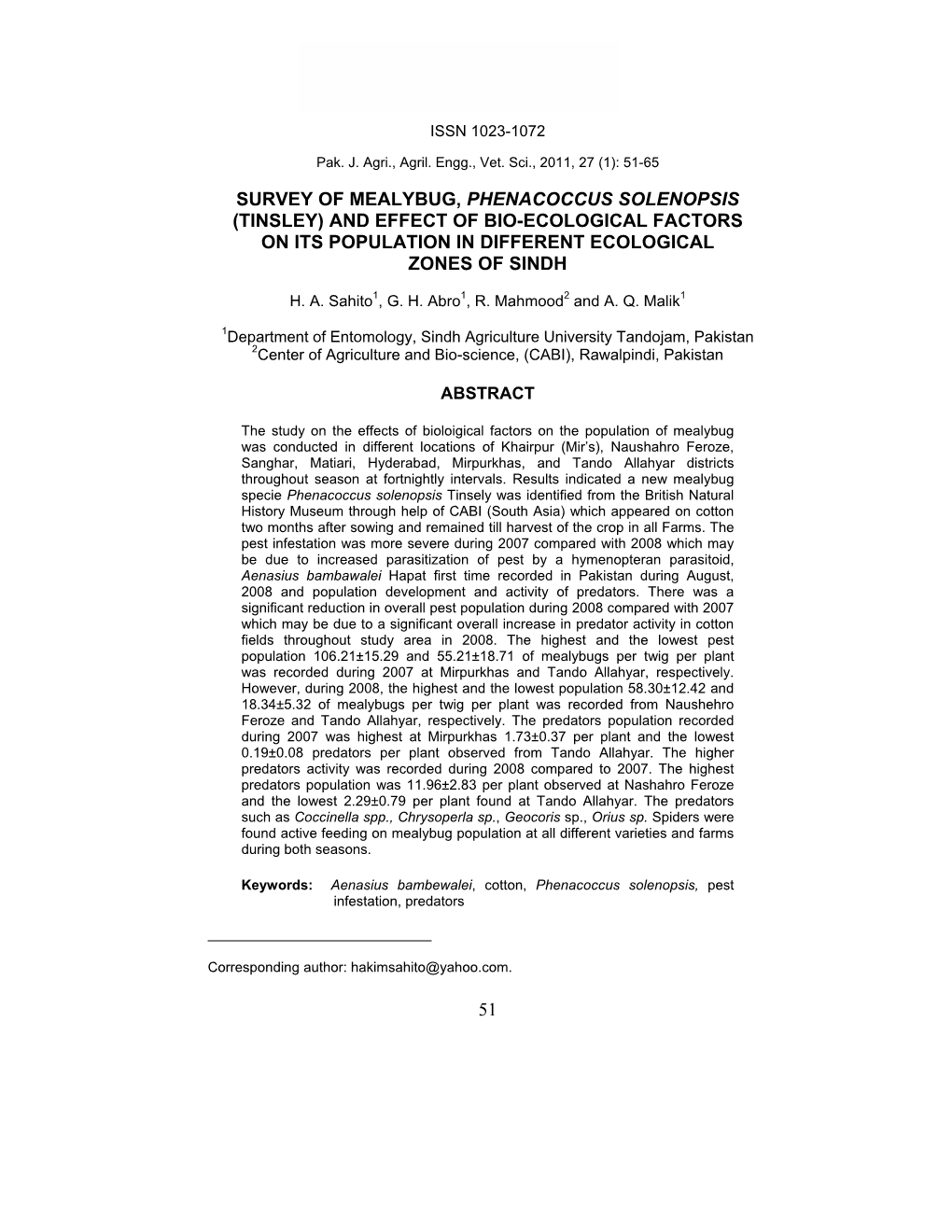 51 Survey of Mealybug, Phenacoccus Solenopsis