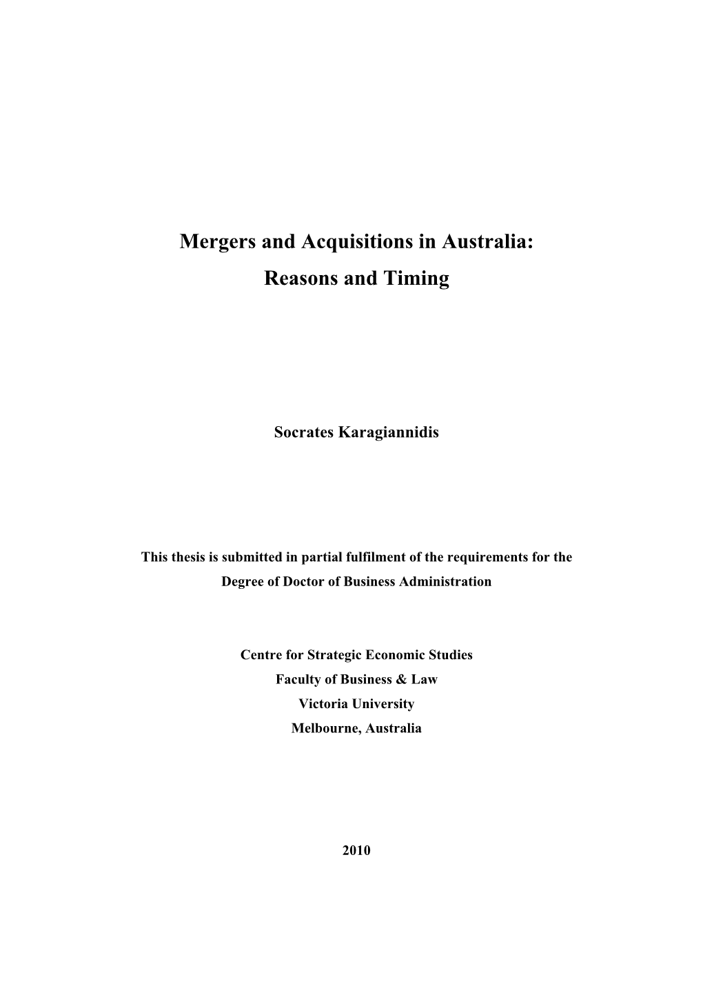 Mergers and Acquisitions in Australia: Reasons and Timing
