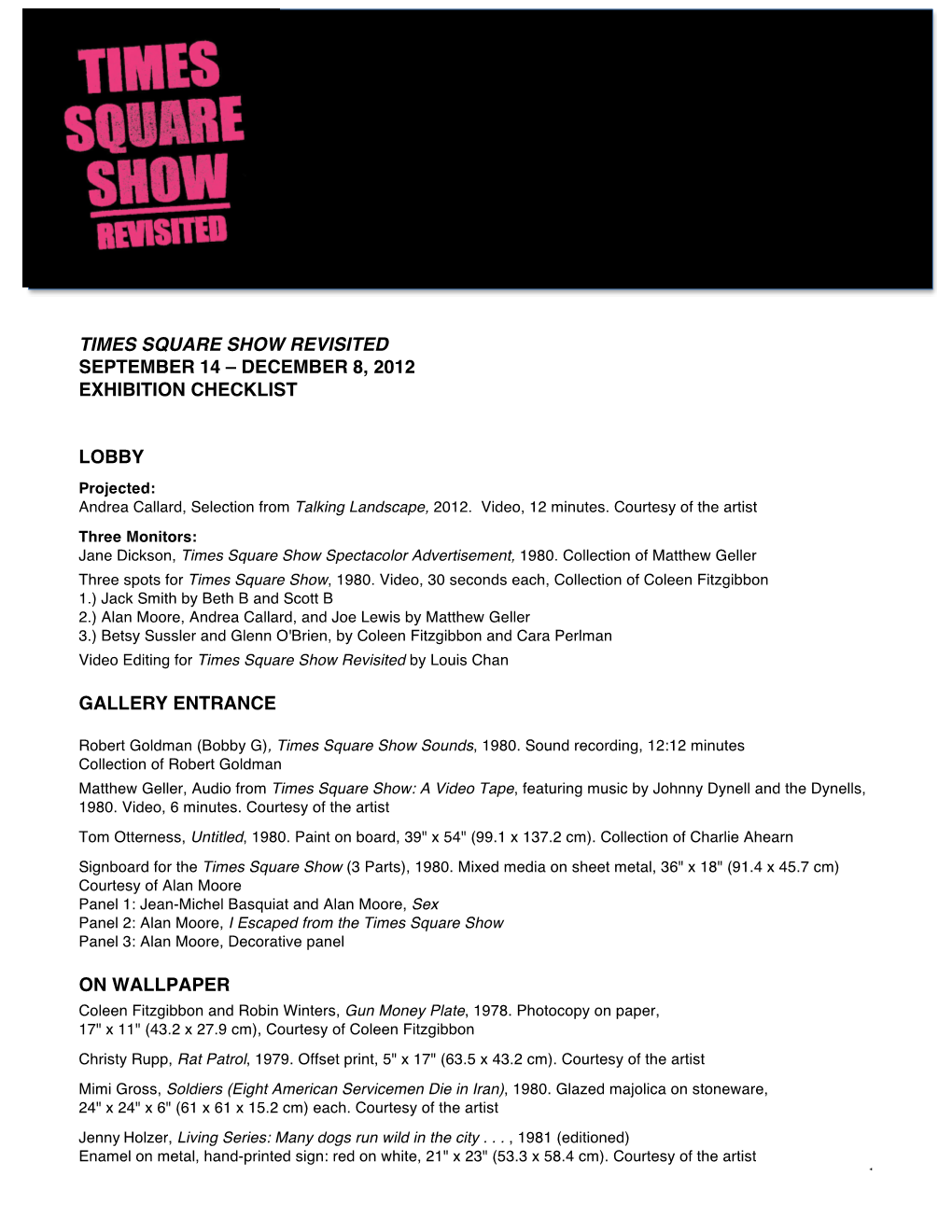 December 8, 2012 Exhibition Checklist