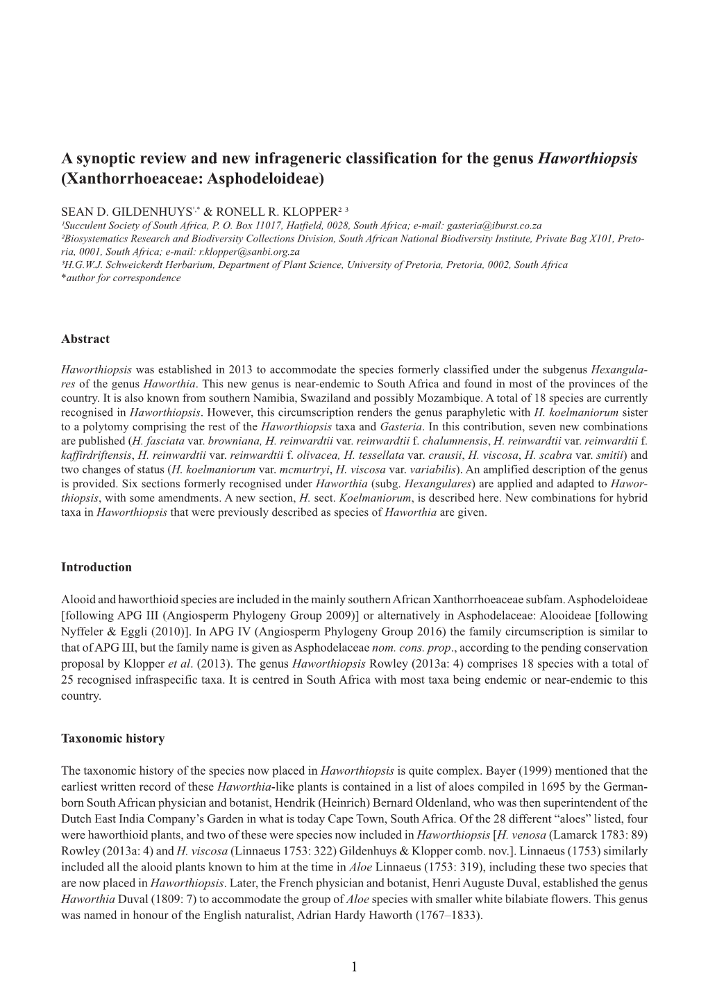 Infrageneric Classification of Haworthia