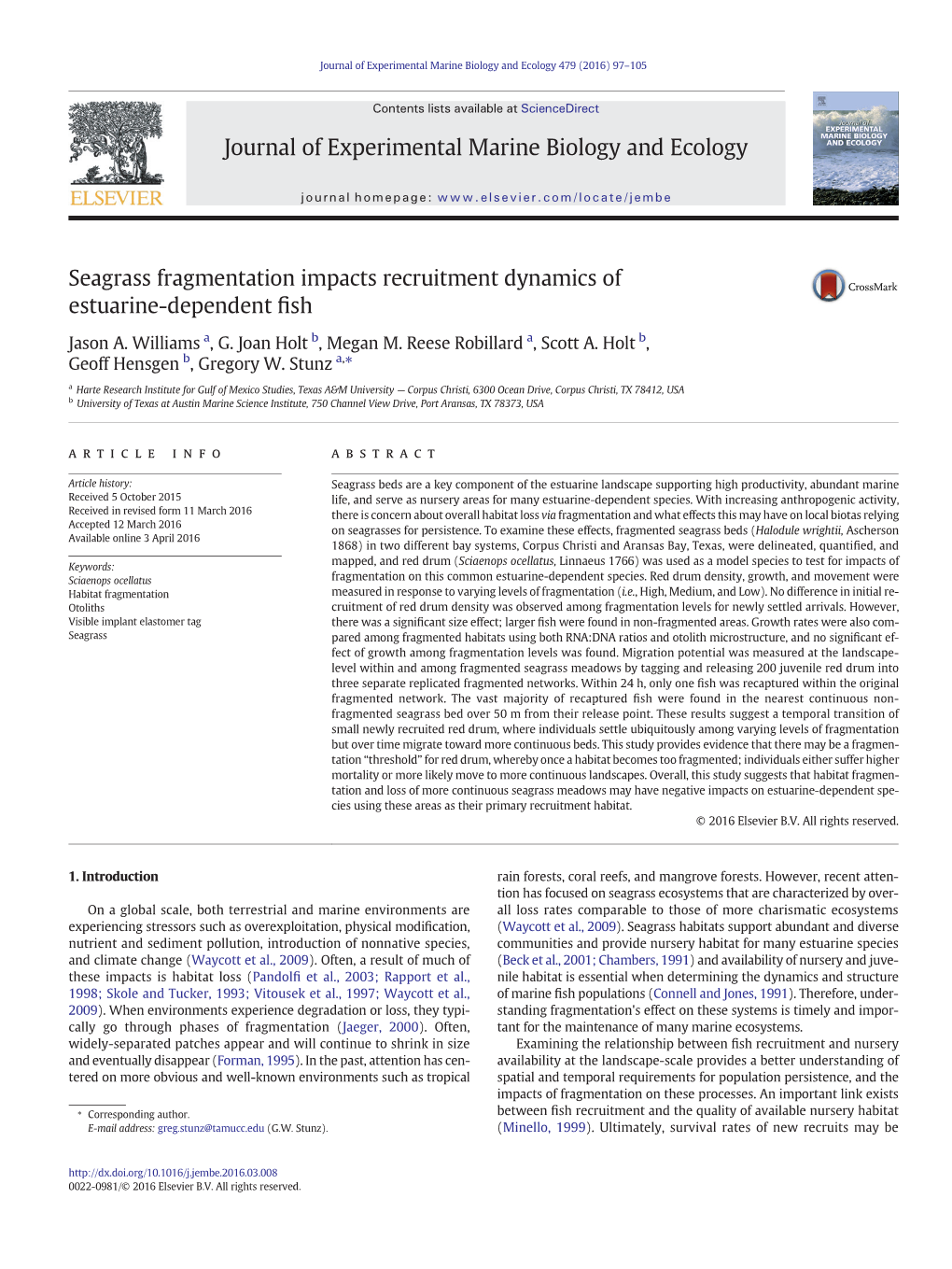 Seagrass Fragmentation Impacts Recruitment Dynamics of Estuarine-Dependent ﬁsh