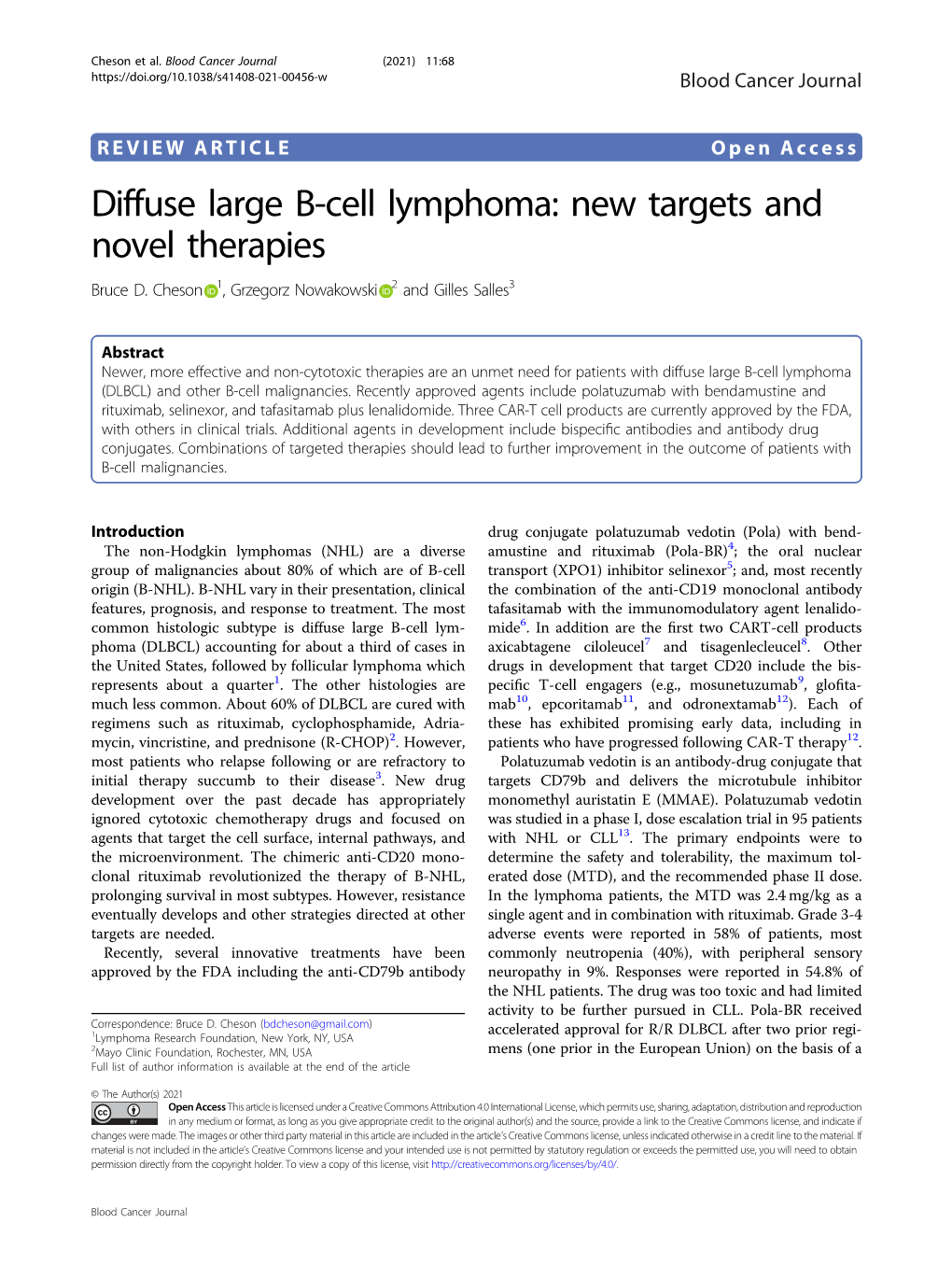 Diffuse Large B-Cell Lymphoma: New Targets and Novel Therapies Bruce D