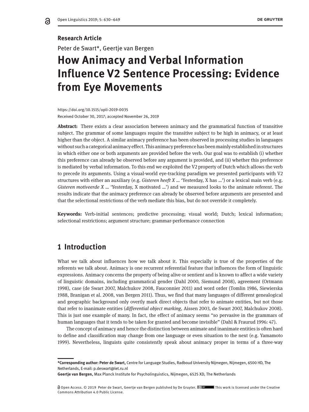 How Animacy and Verbal Information Influence V2 Sentence Processing: Evidence from Eye Movements