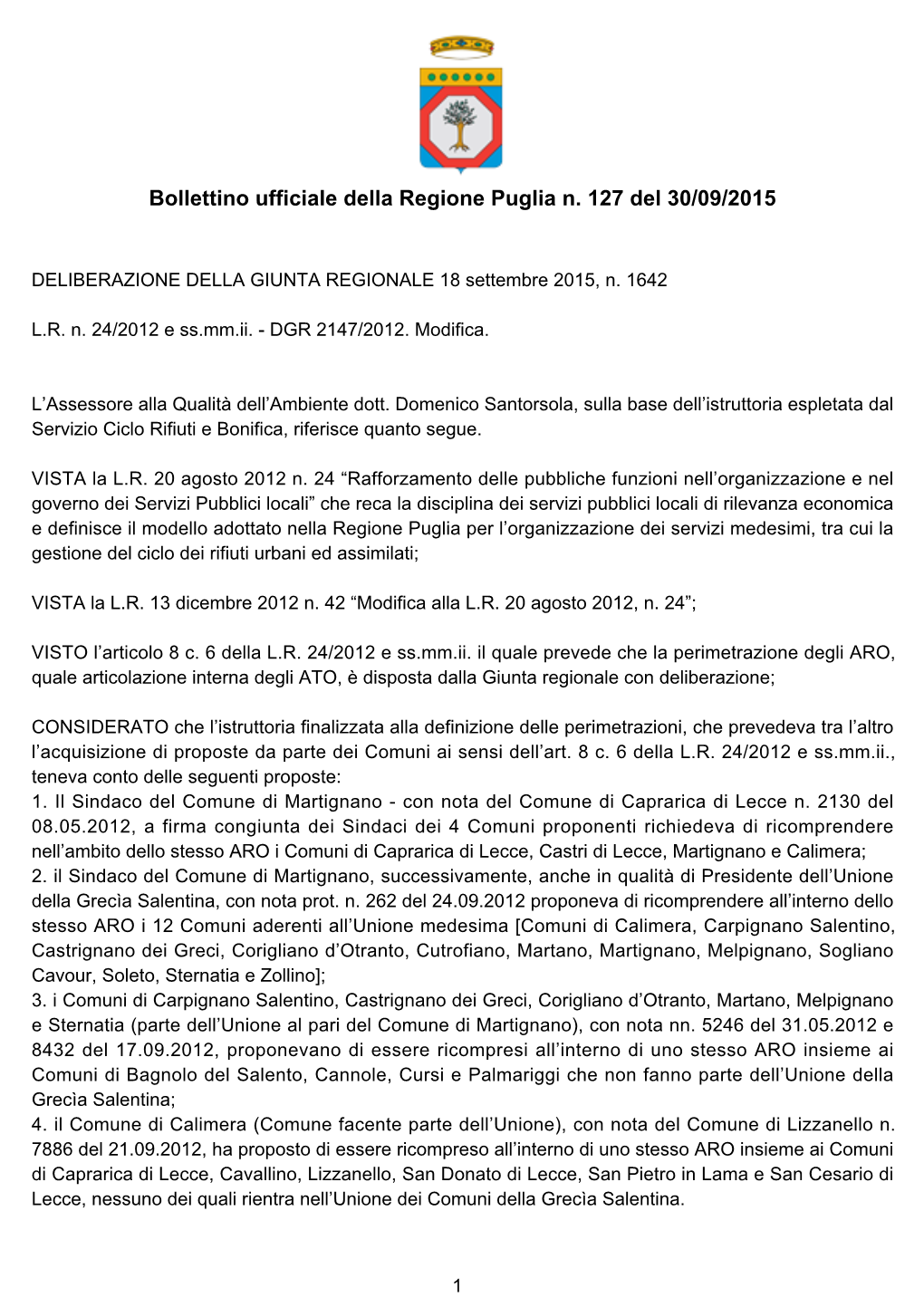 Bollettino Ufficiale Della Regione Puglia N. 127 Del 30/09/2015