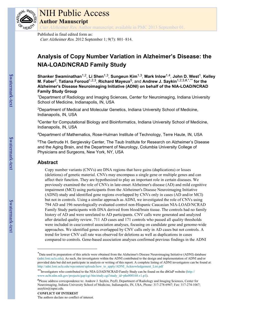 NIH Public Access Author Manuscript Curr Alzheimer Res