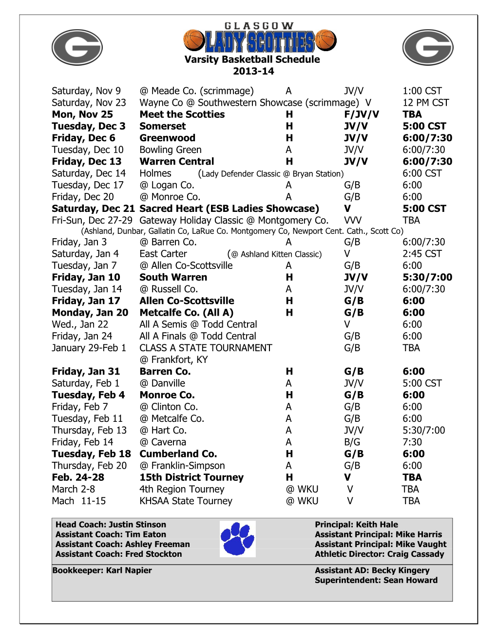 Varsity Basketball Schedule