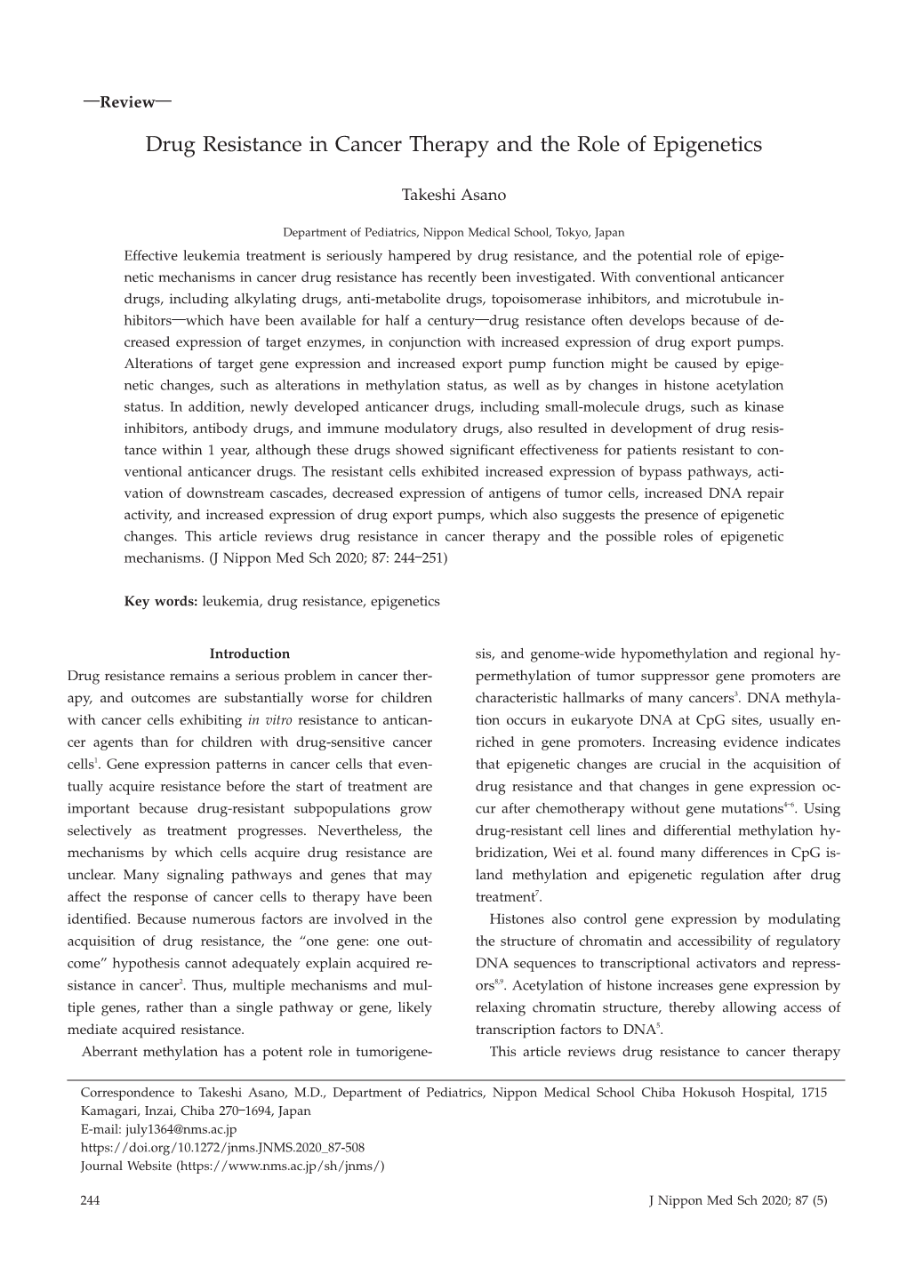 Drug Resistance in Cancer Therapy and the Role of Epigenetics