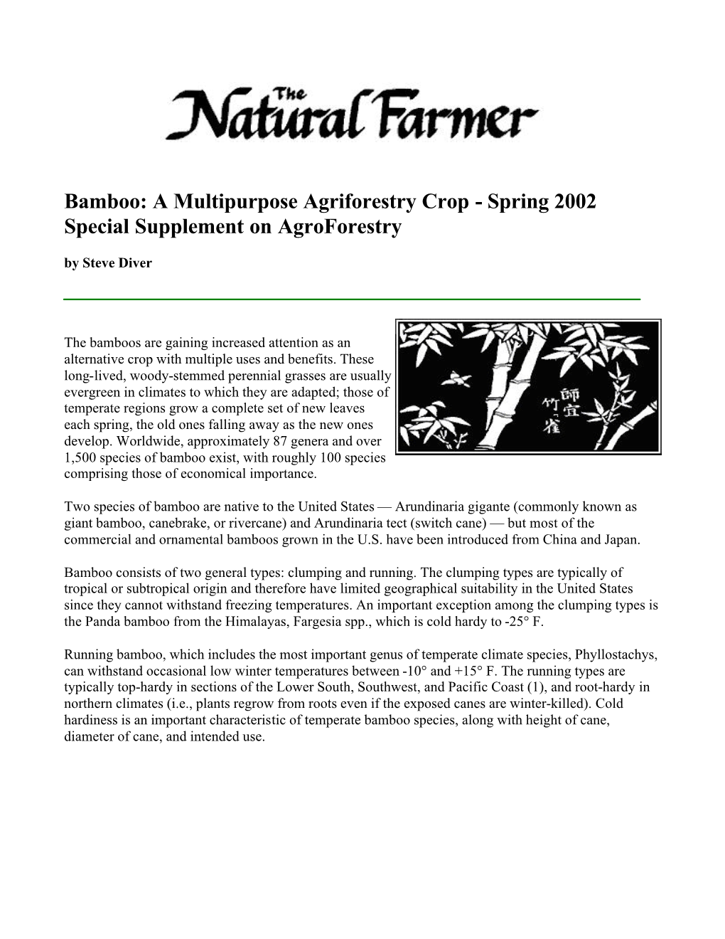 Bamboo: a Multipurpose Agriforestry Crop - Spring 2002 Special Supplement on Agroforestry by Steve Diver